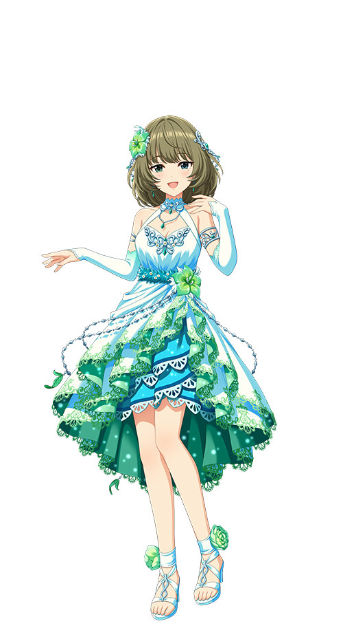 takagaki kaede, idolmaster, idolmaster cinderella girls, idolmaster cinderella girls starlight stage, official art, 1girl, blue eyes, brown hair, detached sleeves, dress, earrings, flower, green eyes, hair ornament, heterochromia, high heel sandals, idol clothes, jewelry, necklace, open mouth, sandals, solo, toes, transparent background