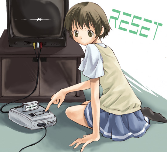 takano natsuki, kaminagi ryouko, nintendo, super famicom, zegapain, 00s, 1girl, black hair, female focus, game console, grey eyes, playing games, school uniform, sitting, skirt, socks, solo, super nintendo, sweater vest, television, vest