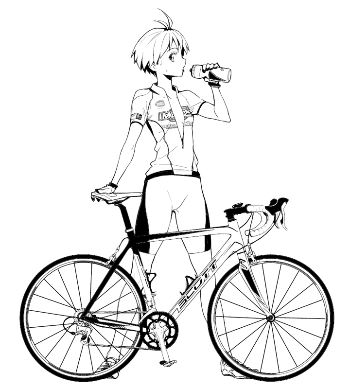 yurikawa, kikuchi makoto, idolmaster, idolmaster (classic), 00s, 1girl, antenna hair, bicycle, bike jersey, bike shorts, bottle, female focus, gloves, greyscale, monochrome, open clothes, open shirt, raglan sleeves, shirt, solo, water bottle