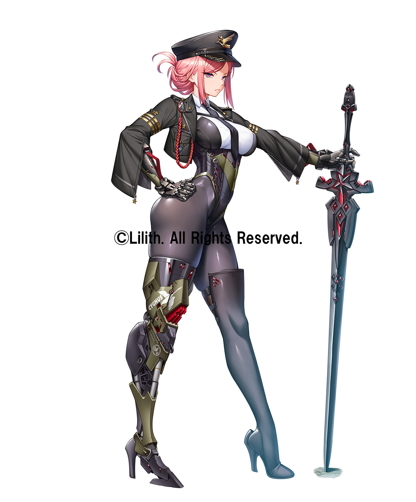 taimanun, cygnus (taimanin series), lilith-soft, taimanin (series), taimanin rpgx, highres, official art, 1girl, black leotard, bodysuit, bow, braid, breasts, curvy, cyborg, full body, hand on own hip, hat, holding, holding sword, holding weapon, impossible clothes, impossible leotard, large breasts, leotard, long hair, looking at viewer, mechanical arms, mechanical legs, military hat, military uniform, mole, mole under eye, pink hair, purple eyes, shiny skin, standing, sword, weapon, white background, wide hips