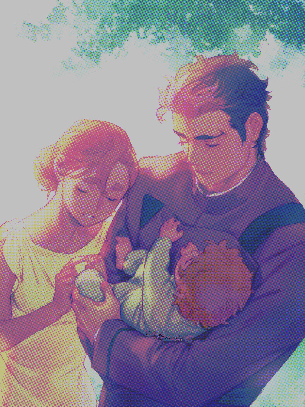 ivy hermit, guel jeturk, suletta mercury, gundam, gundam suisei no majo, commentary request, highres, 1boy, 1girl, 1other, baby, black hair, breasts, brown hair, closed eyes, couple, dress, hetero, if they mated, medium breasts, multicolored hair, parent and child, parted lips, pink hair, red hair, short hair, smile, tan, thick eyebrows, two-tone hair, under table, upper body, yellow dress