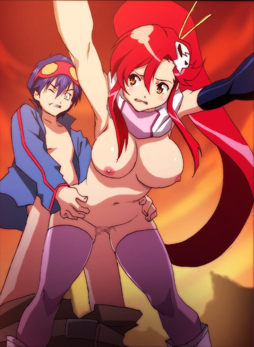 ichijiku, simon (ttgl), yoko littner, tengen toppa gurren lagann, game cg, 00s, 1boy, 1girl, age difference, anal, blue hair, breasts, censored, from behind, goggles, goggles on head, hair ornament, hetero, large breasts, long hair, mosaic censoring, nipples, onee-shota, red hair, scarf, sex, shota, thighhighs