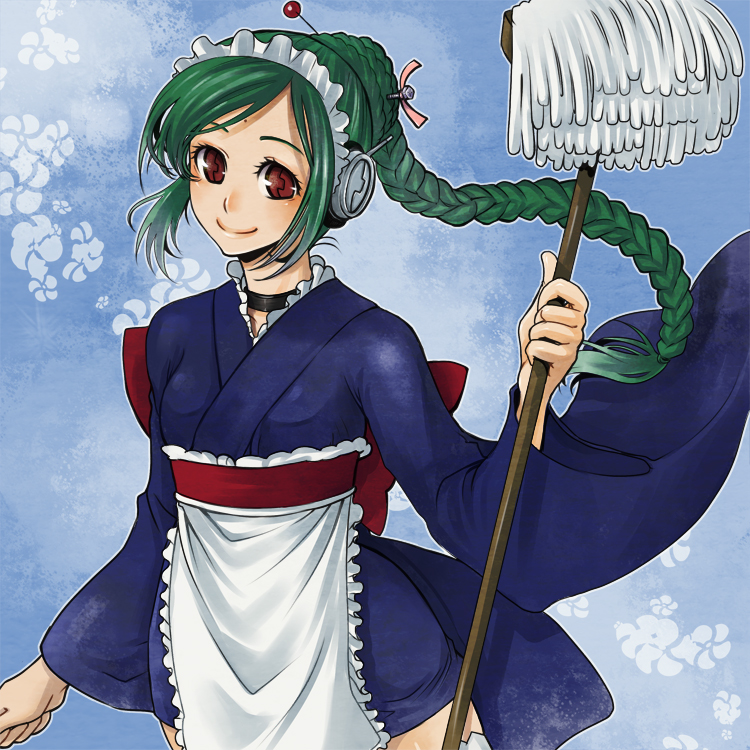 kazuki kisuke, tama (gintama), gintama, 00s, 1girl, android, apron, bow, braid, female focus, green hair, hairband, japanese clothes, kimono, maid, maid apron, mop, red eyes, robot ears, single braid, smile, solo, wa maid