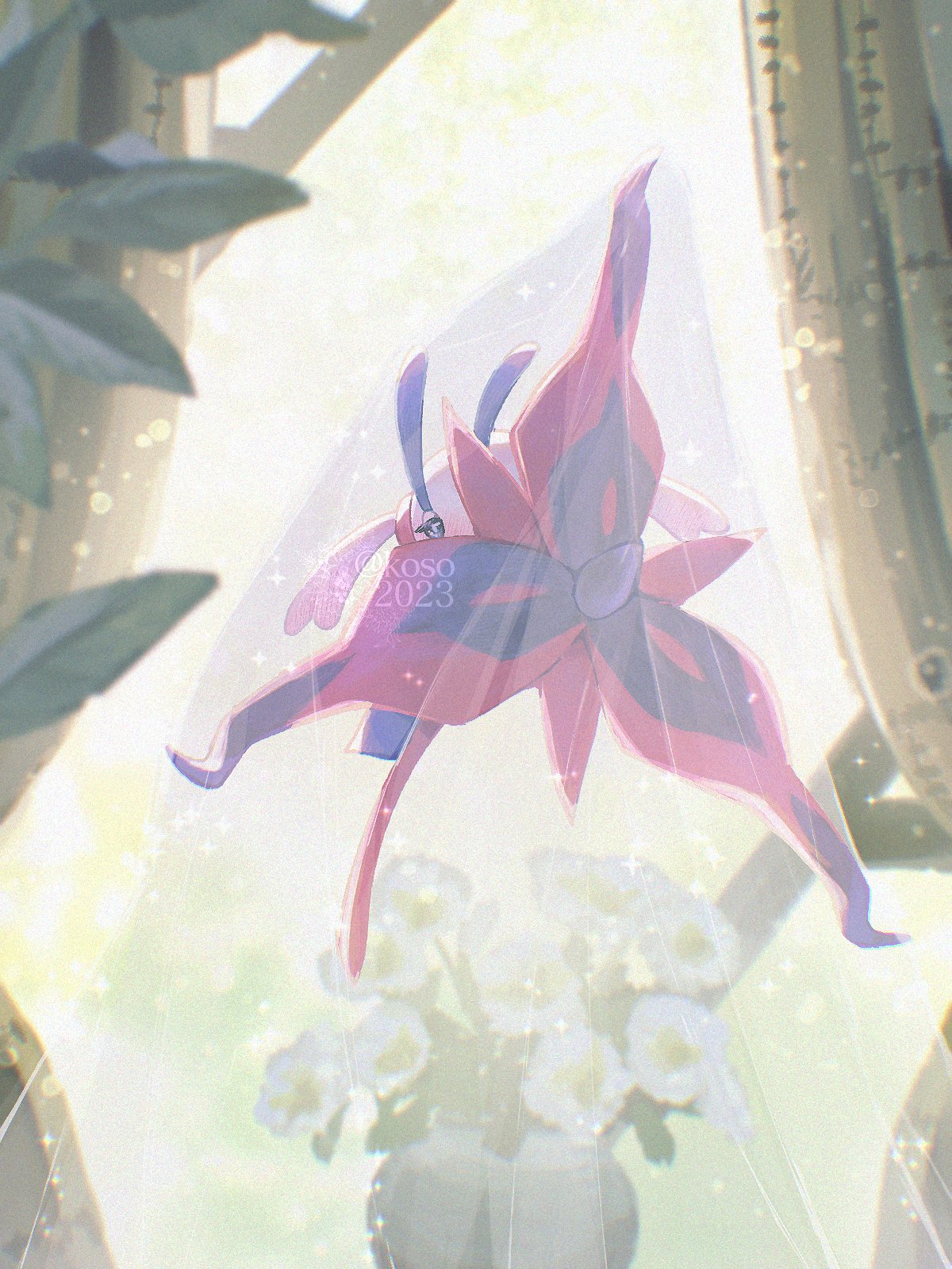 koso2023, floette, floette (eternal), nintendo, pokemon, pokemon legends: z-a, highres, flower, gen 6 pokemon, holding, holding flower, no humans, plant, pokemon (creature), pokemon focus, potted plant, solo, vase