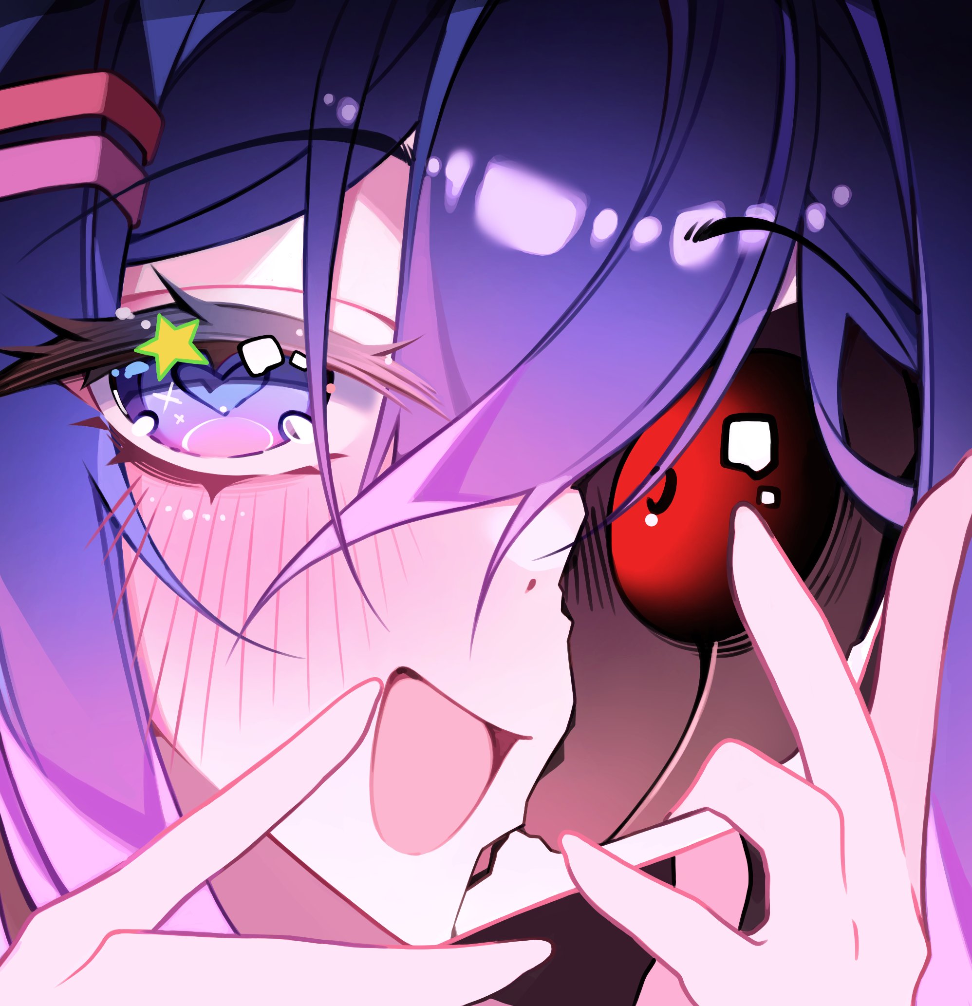 marck (marck1703), mita (miside), miside, commentary, hashtag-only commentary, highres, 1girl, android, blush, hair between eyes, hands up, heart, heart-shaped pupils, looking at viewer, mismatched eyes, open mouth, portrait, purple eyes, purple hair, red eyes, smile, solo, symbol-shaped pupils