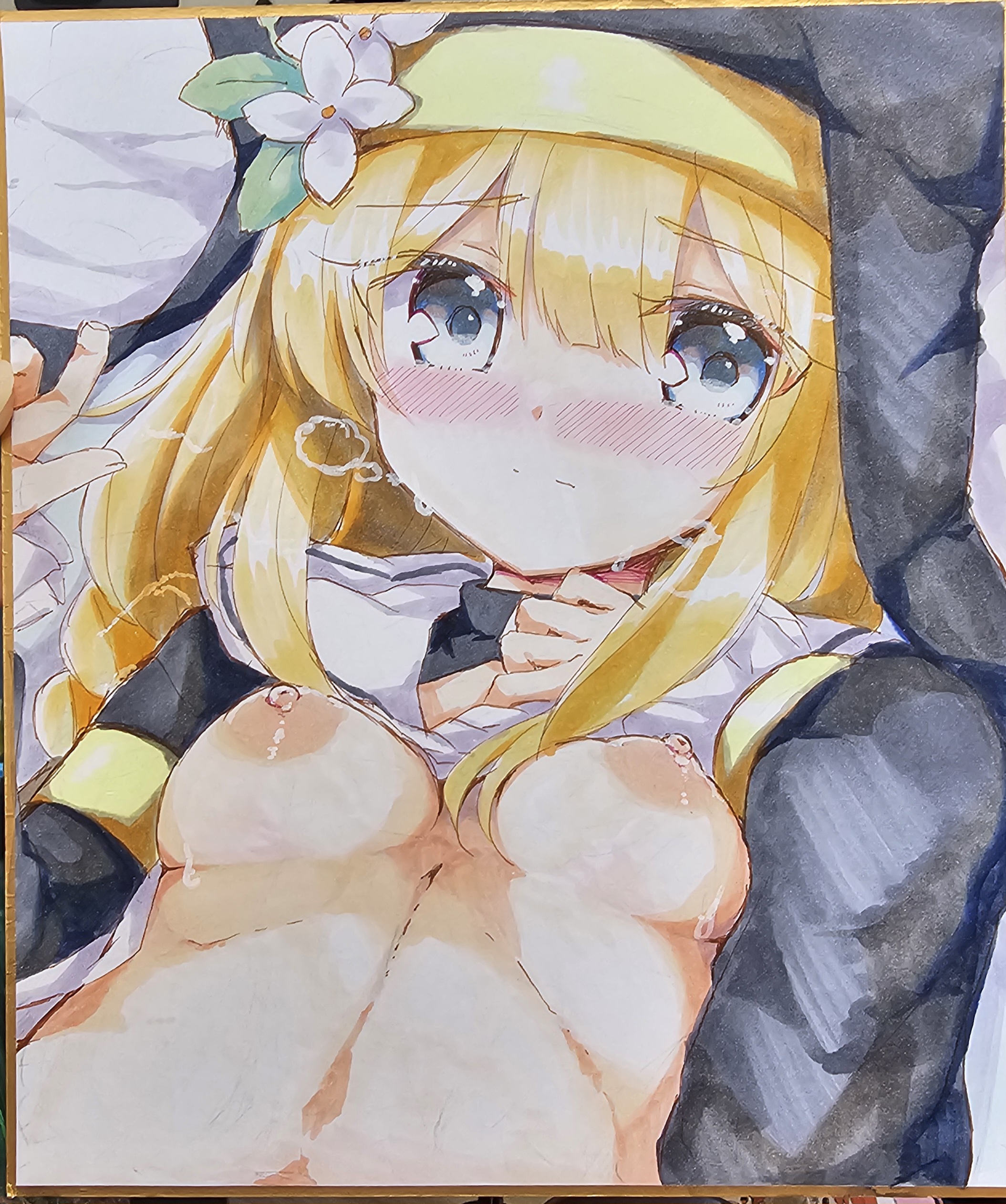 kuriyuzu kuryuu, mari (blue archive), blue archive, absurdres, commentary request, highres, photo (medium), traditional media, 1girl, bed sheet, blonde hair, blush, braid, breasts, closed mouth, clothes lift, dress, dress lift, flower, grey eyes, hair between eyes, hands up, heavy breathing, lifting own clothes, long hair, long sleeves, looking at viewer, nose blush, nun, puffy long sleeves, puffy sleeves, shikishi, sleeves past wrists, small breasts, solo, upper body, veil, white flower
