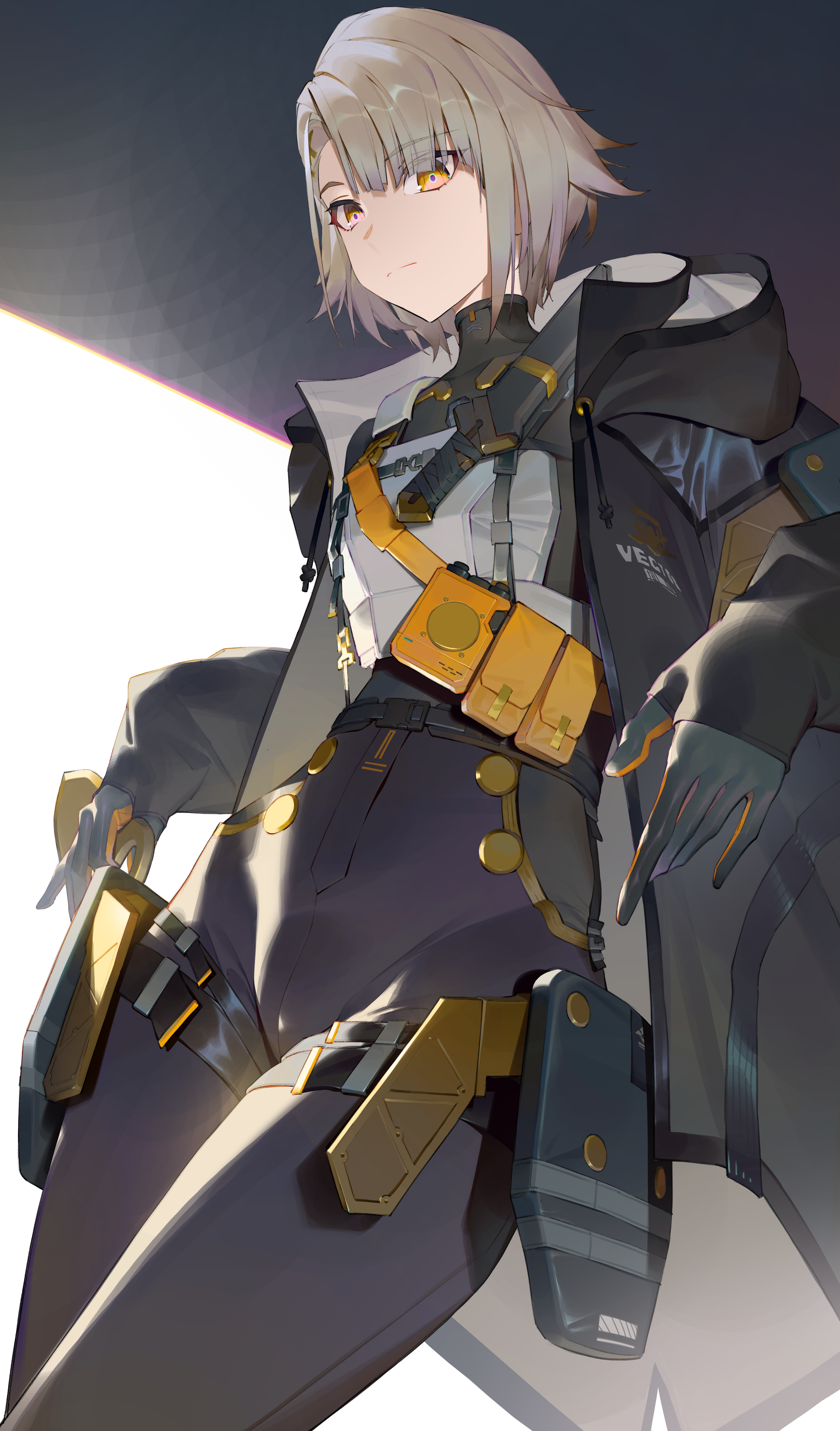 ren huozhe, vector (girls' frontline), girls' frontline, girls' frontline 2: exilium, absurdres, highres, 1girl, ammunition pouch, belt, black bodysuit, black gloves, black pantyhose, blonde hair, bodysuit, bodysuit under clothes, breasts, brown eyes, gloves, hood, hooded jacket, jacket, pantyhose, pouch, short hair, small breasts, solo, standing, thigh strap