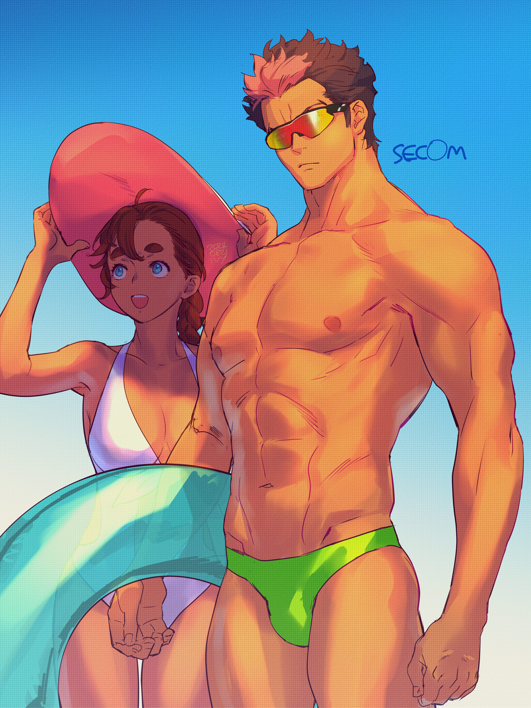 ivy hermit, guel jeturk, suletta mercury, gundam, gundam suisei no majo, highres, 1boy, 1girl, bikini, blue eyes, blue sky, braid, breasts, brown hair, closed mouth, cowboy shot, furrowed brow, green male swimwear, hair between eyes, hand on headwear, hat, holding, holding swim ring, innertube, light frown, long hair, male swimwear, medium breasts, multicolored hair, open mouth, orange-tinted eyewear, pink hair, pink hat, red hair, short hair, single braid, sky, smile, sun hat, sunglasses, swim briefs, swim ring, swimsuit, thick eyebrows, tinted eyewear, topless male, two-tone hair, white bikini, wide brim