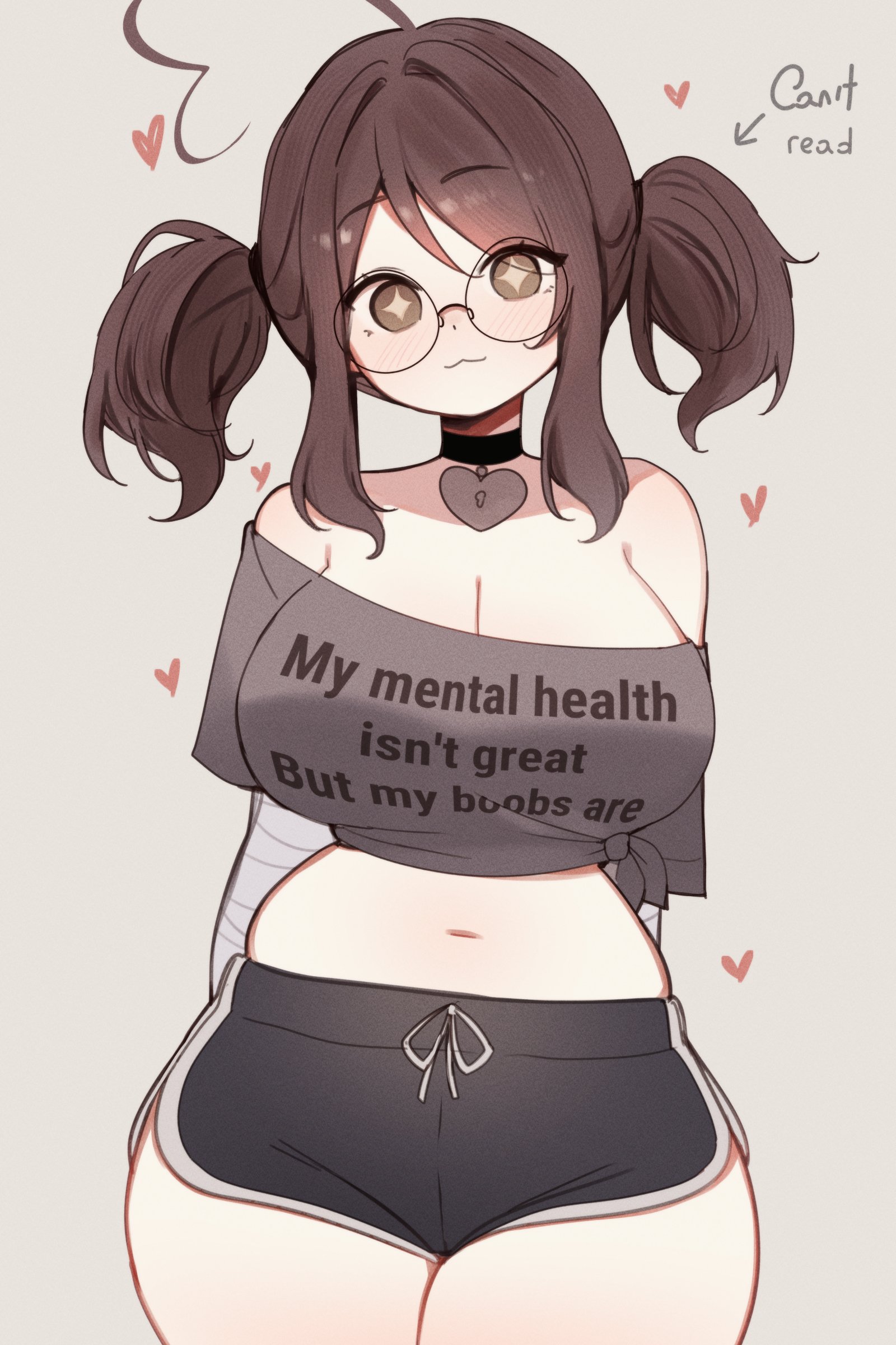 sky above me, sky above me (vtuber), indie virtual youtuber, absurdres, commentary, english commentary, highres, + +, 1girl, :3, ahoge, bare shoulders, black choker, black shorts, breasts, brown eyes, brown hair, choker, cleavage, dolphin shorts, english text, grey background, grey shirt, heart, heart-shaped lock, heart ahoge, heart choker, heart pendant, huge ahoge, huge breasts, looking at viewer, navel, off-shoulder shirt, off shoulder, pale skin, shirt, short hair, short sleeves, shorts, sidelocks, simple background, solo, text print, thighs, twintails, virtual youtuber, wide hips