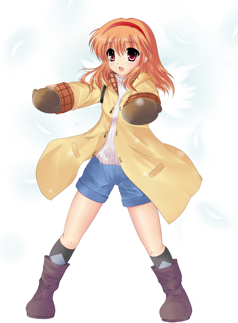 rennkuu, tsukimiya ayu, kanon, 1girl, blue shorts, blush, boots, coat, dot nose, female focus, full body, gloves, hairband, medium hair, mittens, open mouth, orange hair, red eyes, shorts, simple background, socks, solo, standing, white background