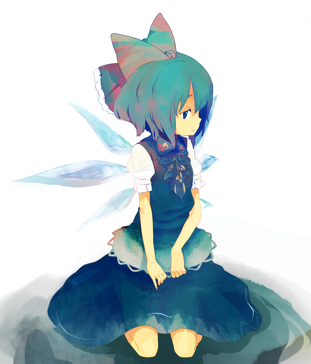 tcmk, cirno, touhou, highres, bow, kneeling, ribbon, see-through clothes, short hair, solo, wings