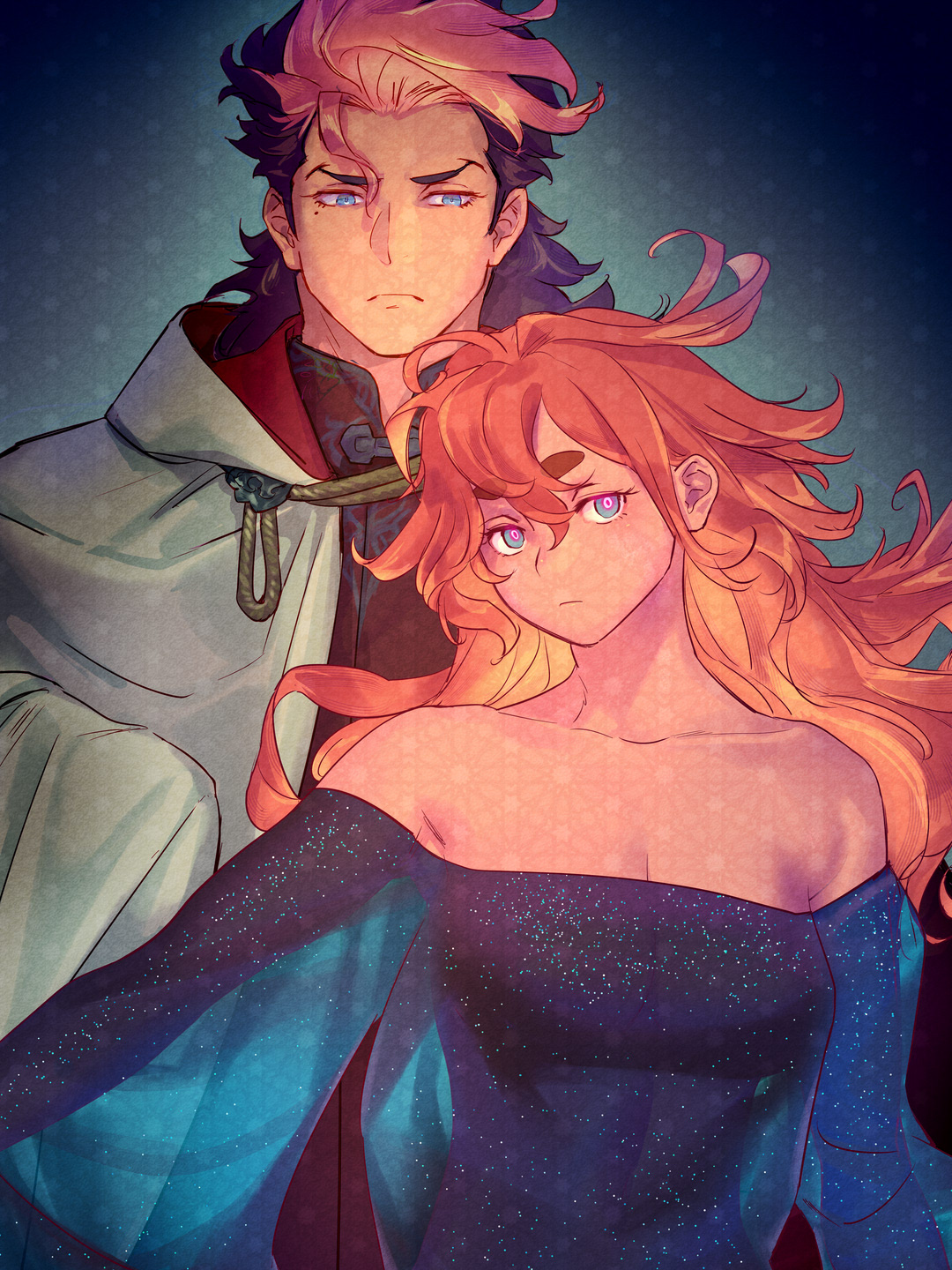 ivy hermit, guel jeturk, suletta mercury, gundam, gundam suisei no majo, commentary request, highres, 1boy, 1girl, black dress, black sleeves, blue eyes, breasts, brown hair, cleavage, cloak, closed mouth, dress, hair between eyes, long hair, medium breasts, mole, mole under eye, mullet, multicolored hair, off-shoulder dress, off shoulder, pink hair, red hair, thick eyebrows, two-tone hair, upper body, white cloak