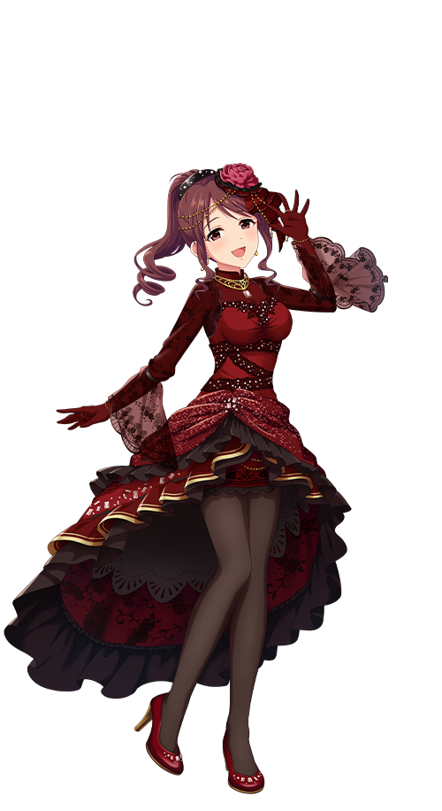 mifune miyu, idolmaster, idolmaster cinderella girls, idolmaster cinderella girls starlight stage, official art, 1girl, dress, full body, gloves, hair ornament, high heels, idol clothes, open mouth, pantyhose, ponytail, red eyes, red hair, solo, transparent background