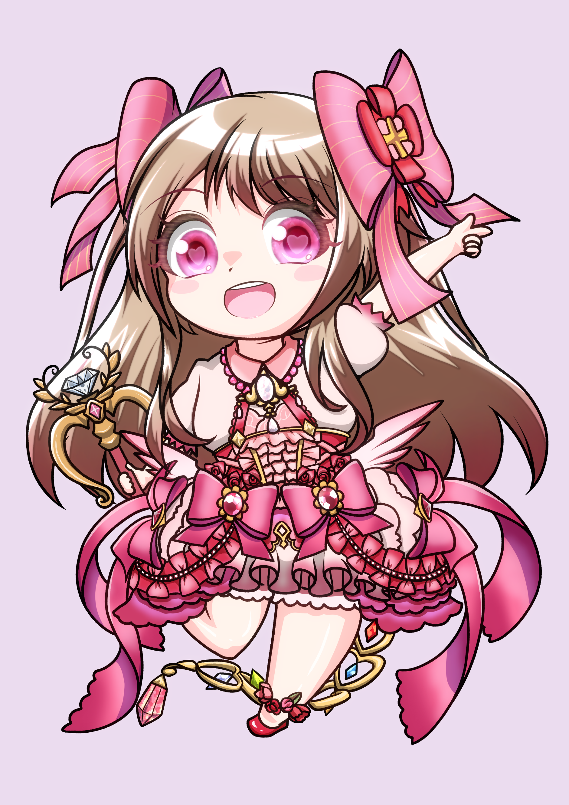 chaos marie (grimms notes), grimms notes, 1girl, :d, arm up, blonde hair, full body, hair ribbon, heart, heart-shaped pupils, holding, holding wand, long hair, noble heart (grimms notes), open mouth, pink eyes, red shoes, ribbon, shiiiba cat, shoes, simple background, smile, solo, symbol-shaped pupils, upper body, wand