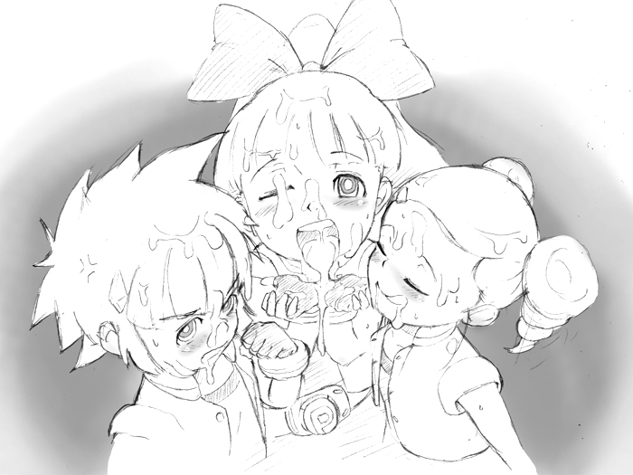 naruhonaruho, akazutsumi momoko, goutokuji miyako, hyper blossom, matsubara kaoru, powered buttercup, rolling bubbles, powerpuff girls, powerpuff girls z, bad id, bad pixiv id, 00s, 3girls, bubble, bukkake, cum, cum in mouth, cum on body, cum on clothes, cum on hair, cumdrip, facial, gokkun, greyscale, loli, monochrome, multiple girls, tongue