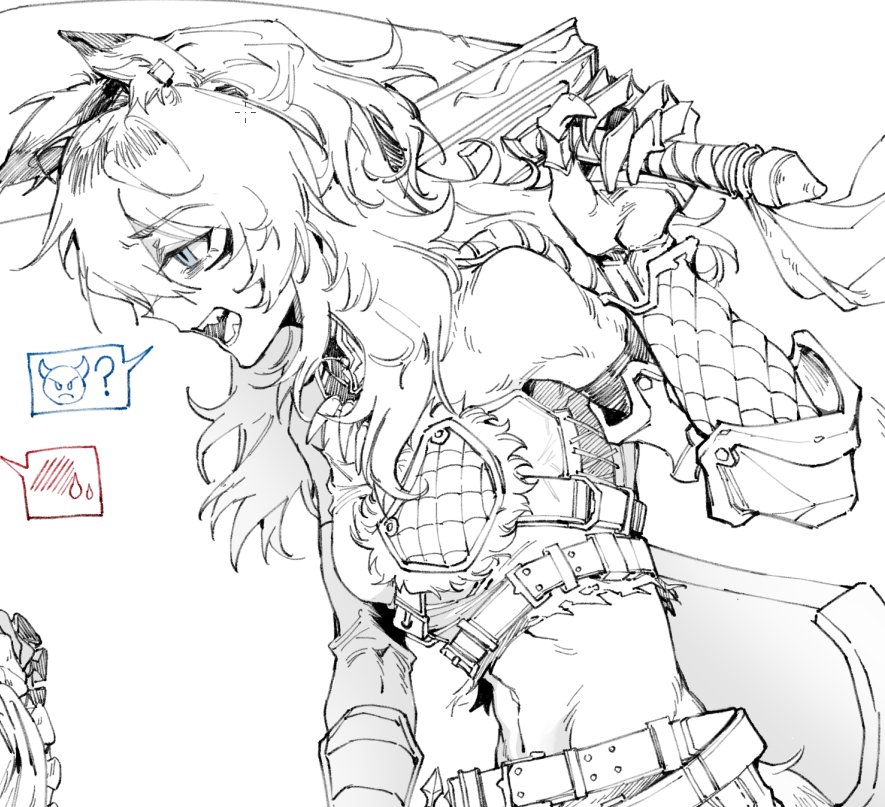 yrxy settingsun, iseri nina, kawaragi momoka, girls band cry, girls band cry rpg, commentary, english commentary, 2girls, animal ears, armor, bare shoulders, breasts, elbow pads, fangs, greyscale, holding, holding sword, holding weapon, looking at another, medium breasts, monochrome, multiple girls, navel, open mouth, out of frame, solo focus, spot color, stomach, sword, weapon, wolf ears, wolf girl