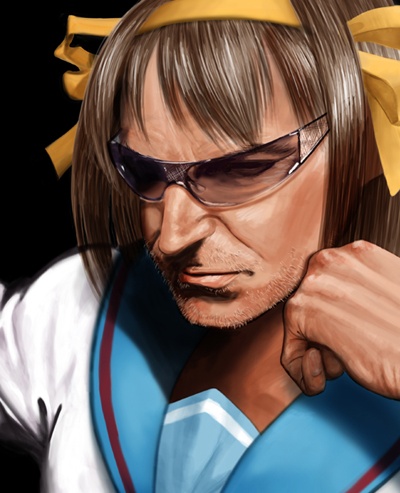 bono (u2), suzumiya haruhi, suzumiya haruhi no yuuutsu, u2 (band), lowres, 1boy, beard stubble, brown hair, cosplay, crossdressing, crossdressing (mtf), facial hair, hair ribbon, male focus, mustache stubble, nose, parody, pun, realistic, ribbon, school uniform, serafuku, solo, stubble, sunglasses, suzumiya haruhi (cosplay), tan, what, wrap-around shades