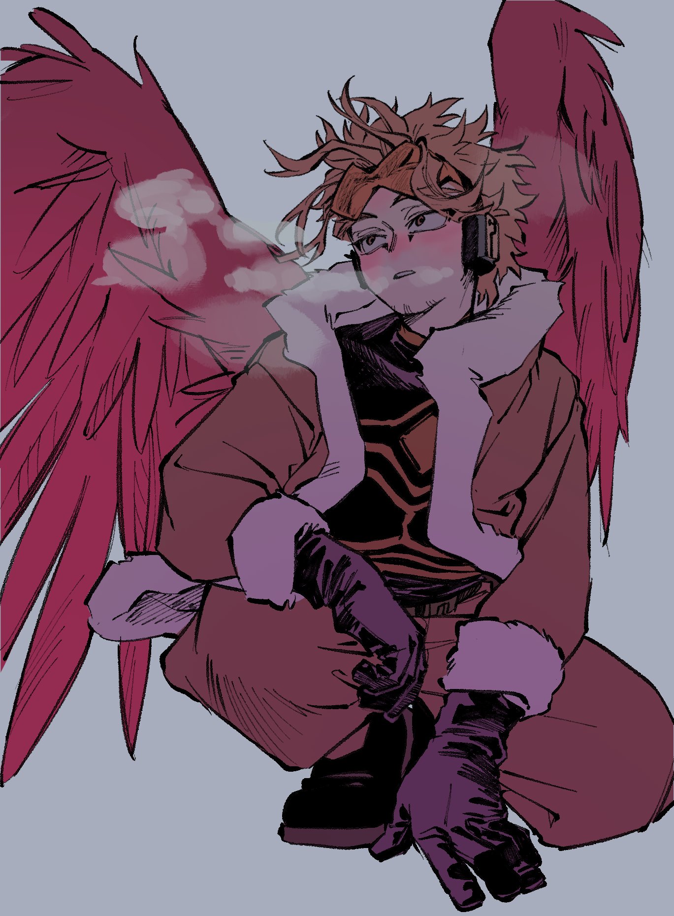 hawks (boku no hero academia), boku no hero academia, highres, 1boy, backupnha, black boots, black gloves, blonde hair, blush, boots, breath, brown eyes, brown pants, facial hair, facial mark, feathered wings, floating hair, fur-trimmed jacket, fur-trimmed sleeves, fur trim, gloves, grey background, headphones, jacket, kneeling, looking to the side, male focus, open clothes, open jacket, pants, parted lips, red wings, shirt, sideways glance, simple background, solo, wings