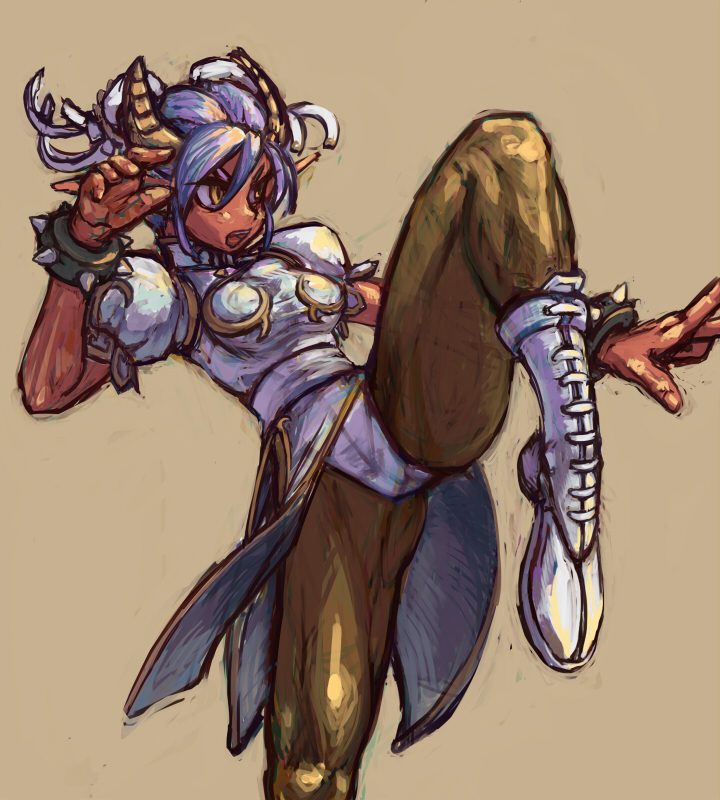 chiaki (tom910), tom910, chun-li, capcom, original, street fighter, 1girl, bracelet, china dress, chinese clothes, chun-li (cosplay), cosplay, crossover, double bun, dress, female focus, fighting stance, hair bun, horns, jewelry, kicking, open mouth, pantyhose, pelvic curtain, pointy ears, solo, spiked bracelet, spikes, yellow eyes