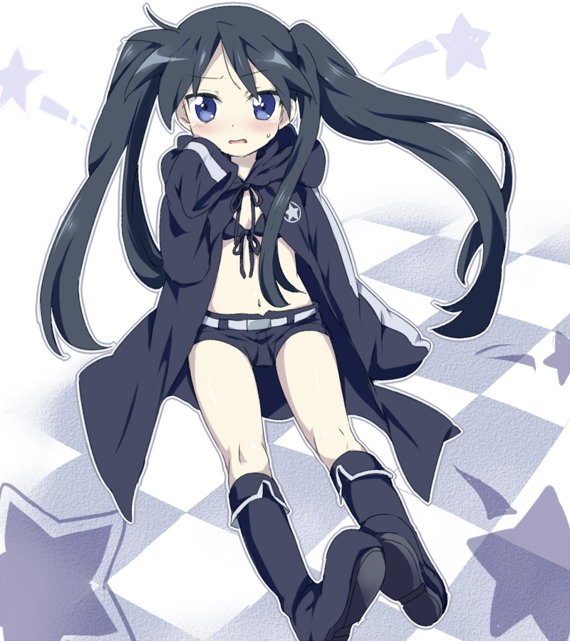maruki (punchiki), black rock shooter (character), hiiragi kagami, black rock shooter, lucky star, bad id, 1girl, bikini, bikini top only, black hair, black rock shooter (cosplay), blue eyes, blush, boots, coat, cosplay, female focus, flat chest, knee boots, midriff, oversized clothes, pale skin, short shorts, shorts, sitting, solo, star (symbol), swimsuit, tears, twintails