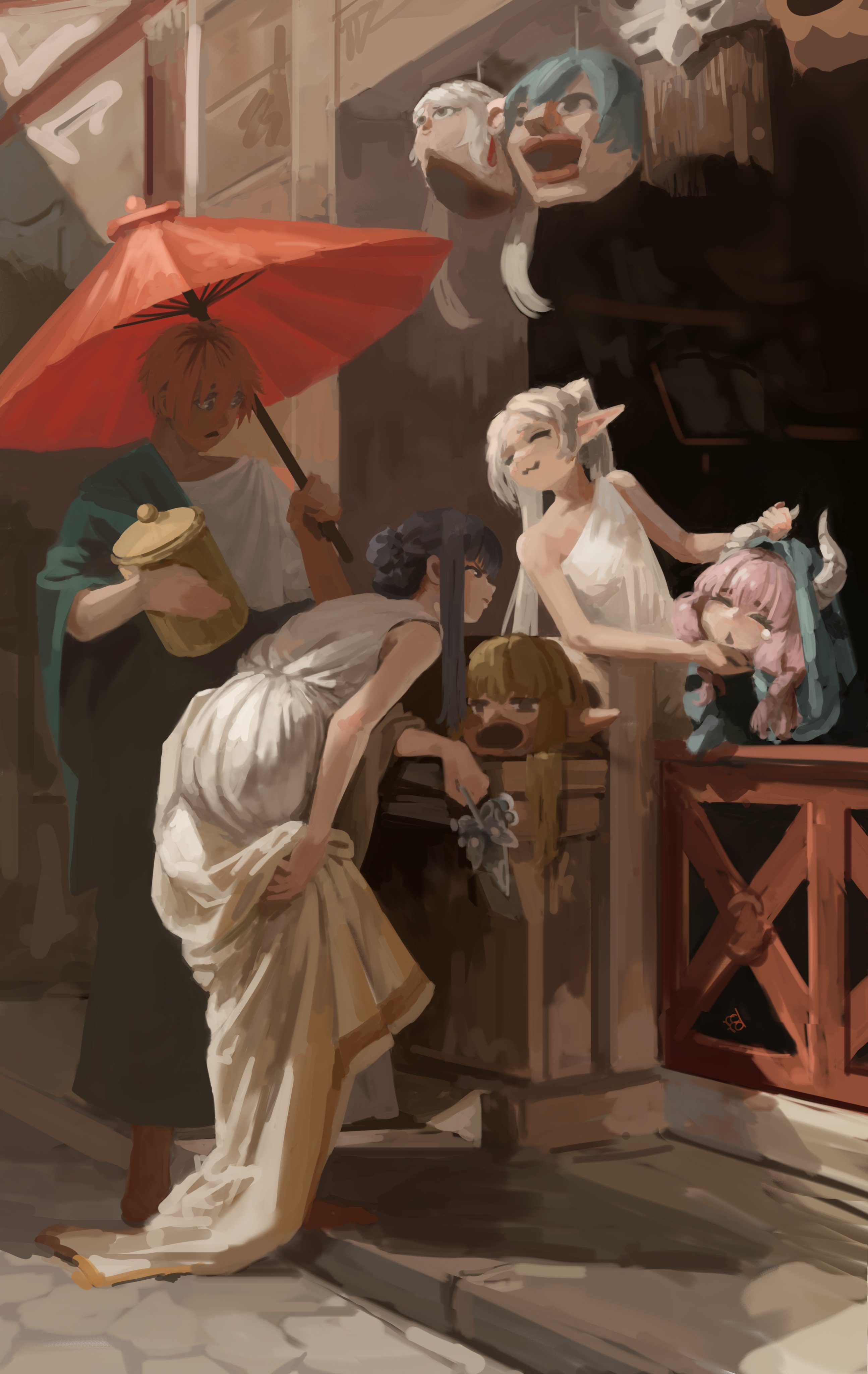 dana (ocana dana), eisen (sousou no frieren), fern (sousou no frieren), frieren, himmel (sousou no frieren), serie (sousou no frieren), stark (sousou no frieren), sousou no frieren, absurdres, commentary, english commentary, highres, 1boy, 2girls, aura, closed eyes, closed mouth, elf, fine art parody, holding, holding umbrella, mask, masks seller in pompeii, meme, multiple girls, parasol, parody, pointy ears, smile, twintails, umbrella, unworn mask, upward angle frieren drawing (meme), white hair