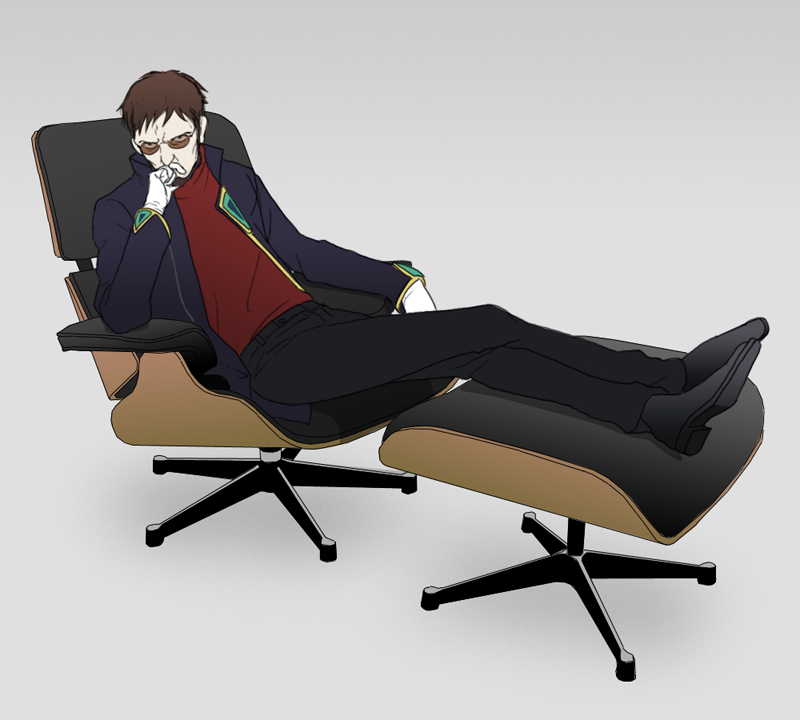 gb (doubleleaf), ikari gendou, neon genesis evangelion, 1boy, beard, chair, facial hair, footstool, full body, gloves, male focus, military, military uniform, ottoman (furniture), partially colored, reclining, sitting, solo, sunglasses
