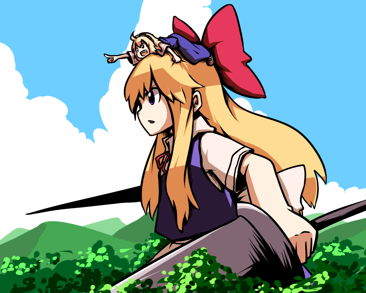 epurasu, alice margatroid, goliath doll, touhou, 2girls, blonde hair, doll, dual wielding, female focus, forest, giant, giantess, hairband, holding, lance, long hair, multiple girls, nature, object on head, pointing, pointing forward, polearm, purple eyes, ribbon, spear, tree, weapon