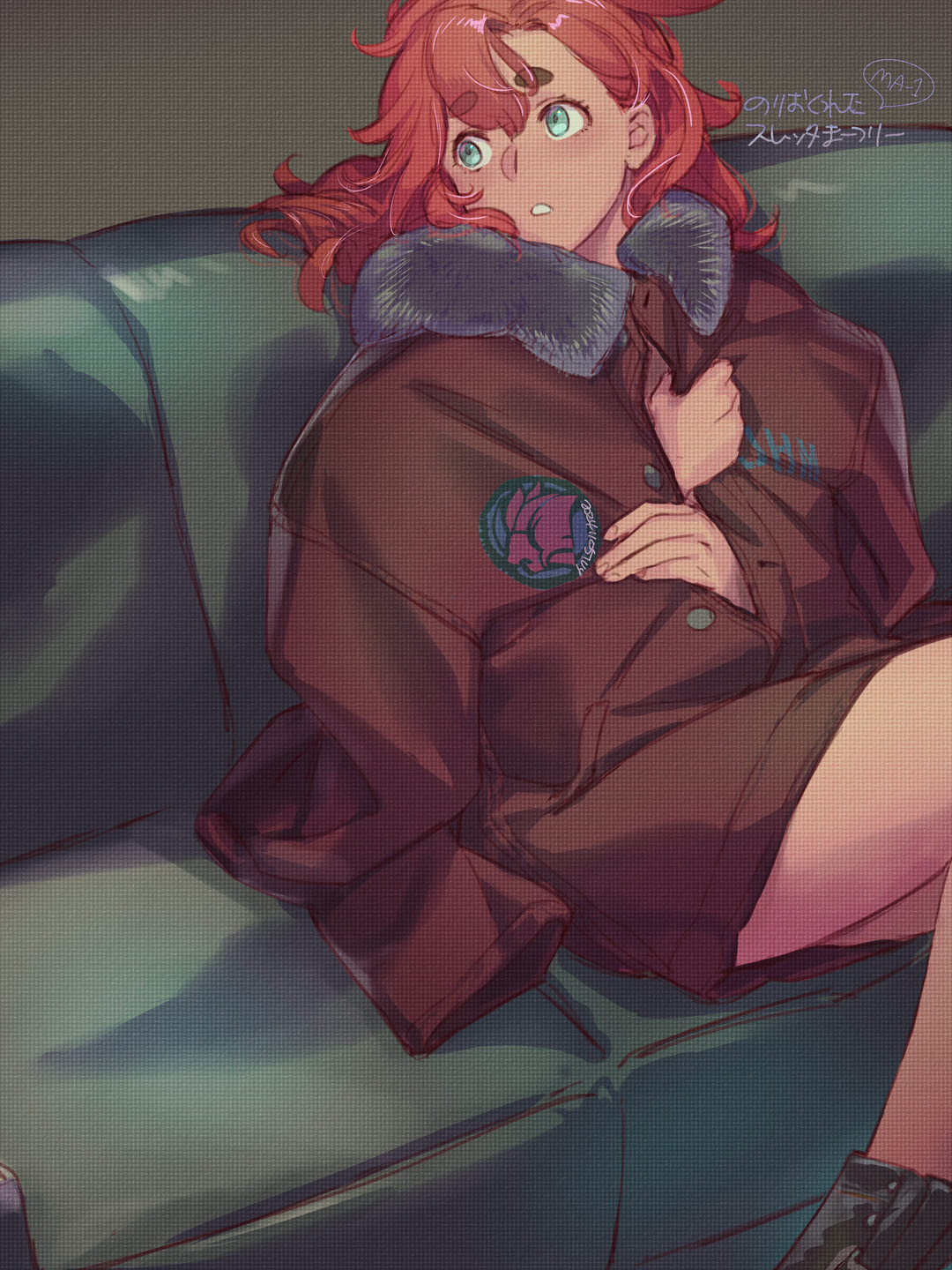 ivy hermit, suletta mercury, gundam, gundam suisei no majo, commentary request, highres, 1girl, aqua eyes, black boots, boots, brown coat, coat, couch, feet out of frame, fur-trimmed coat, fur trim, grey background, hair between eyes, long hair, no pants, parted lips, red hair, single sidelock, sitting, solo, thick eyebrows