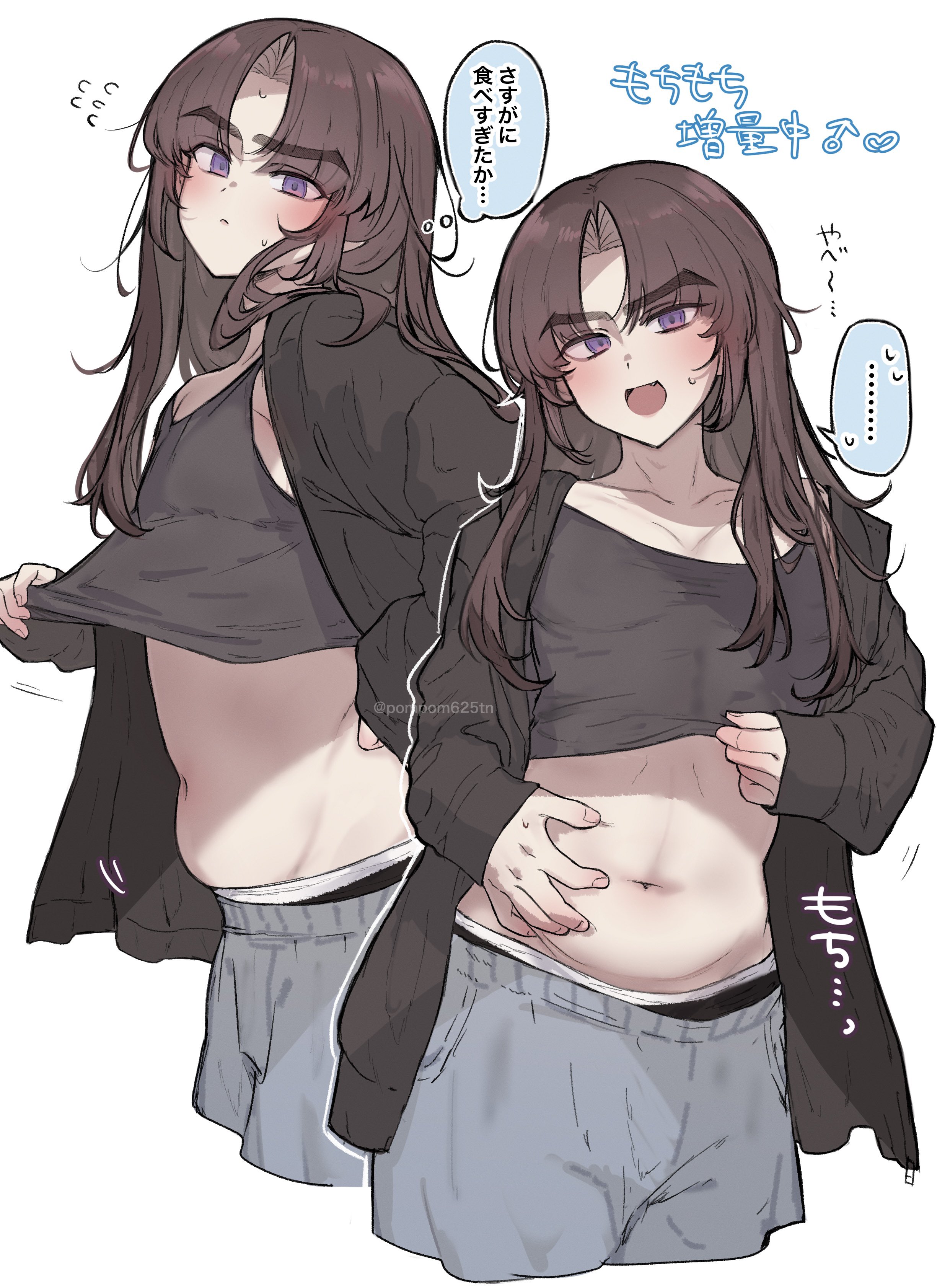 imamiya pinoko, ayase ayato (imamiya pinoko), original, absurdres, commentary request, highres, translation request, …, 1boy, black coat, black shirt, blush, brown hair, closed mouth, coat, collarbone, crop top, fang, flying sweatdrops, long hair, long sleeves, looking at viewer, male focus, navel, open clothes, open coat, open mouth, purple eyes, shirt, simple background, smile, solo, speech bubble, spoken ellipsis, sweat, thought bubble, trap, white background
