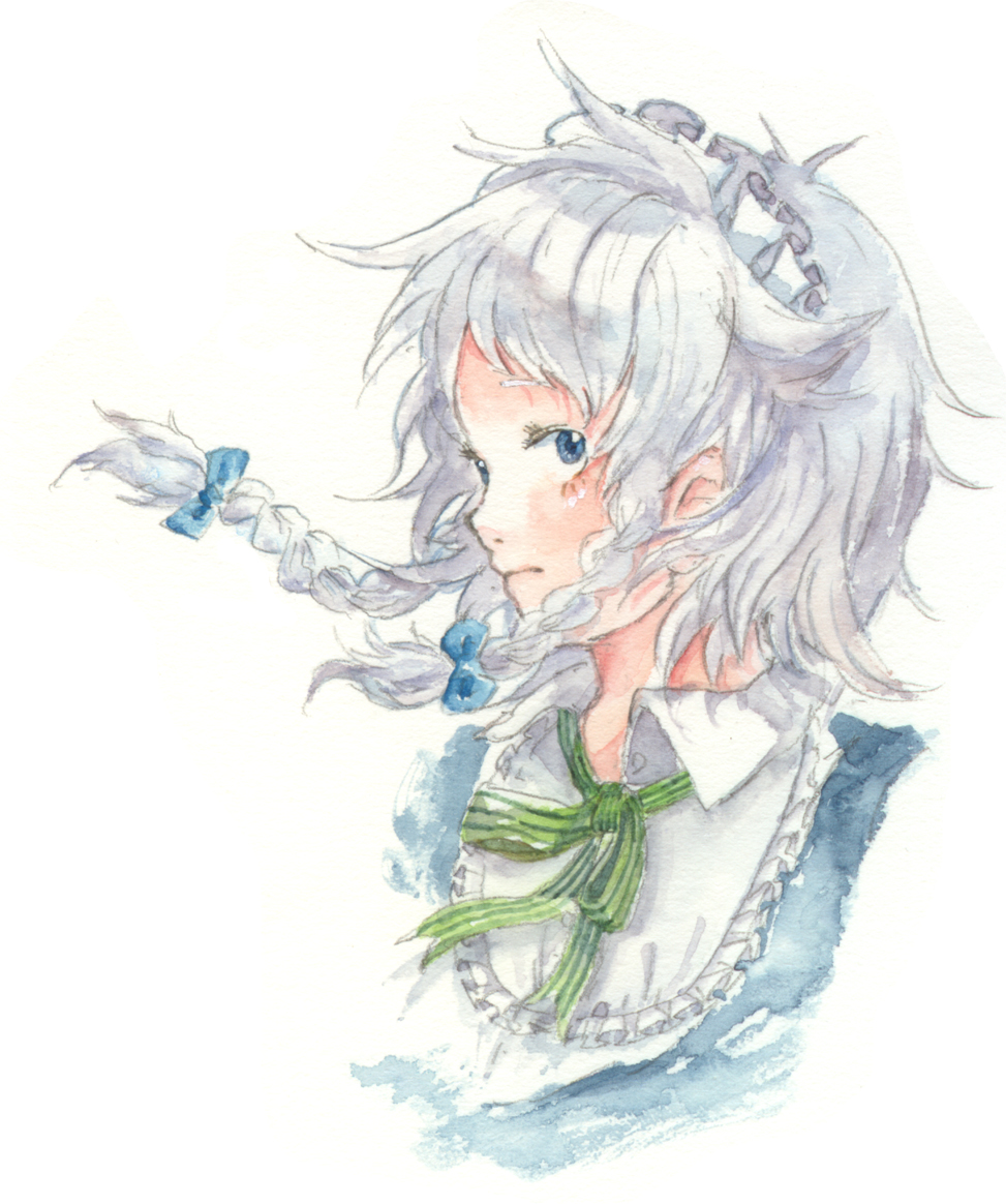gogo/tad, izayoi sakuya, touhou, painting (medium), traditional media, watercolor (medium), 1girl, braid, female focus, solo, twin braids