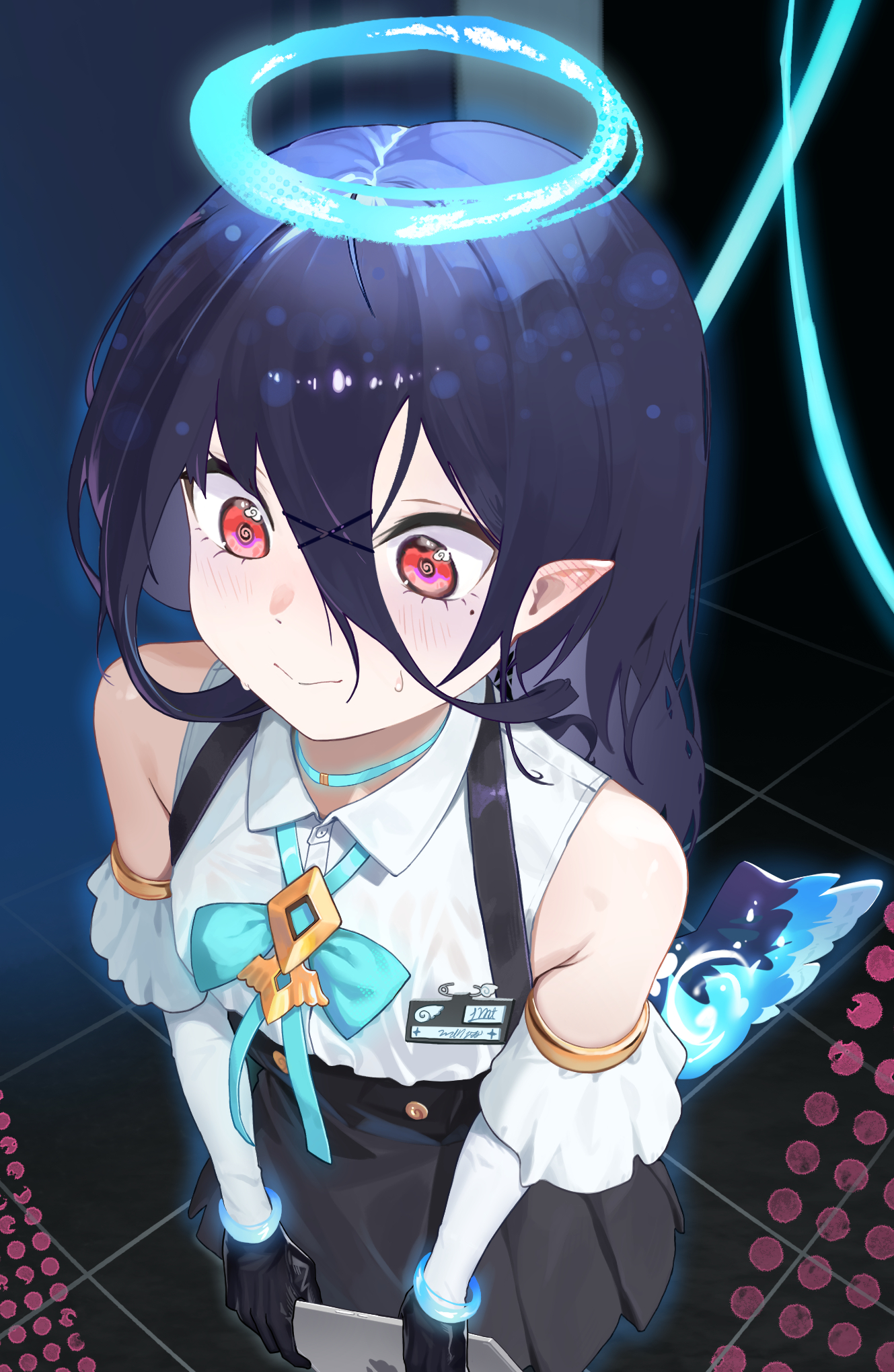 raimti, original, commentary request, highres, korean commentary, 1girl, @ @, bare shoulders, black gloves, black hair, black skirt, blue bow, blush, bow, closed mouth, collared shirt, detached sleeves, dress shirt, gloves, hair between eyes, hair ornament, hairclip, halo, high-waist skirt, holding, long hair, long sleeves, mole, mole under eye, pleated skirt, pointy ears, red eyes, shirt, skirt, sleeveless, sleeveless shirt, solo, suspender skirt, suspenders, sweat, white shirt, white sleeves, x hair ornament