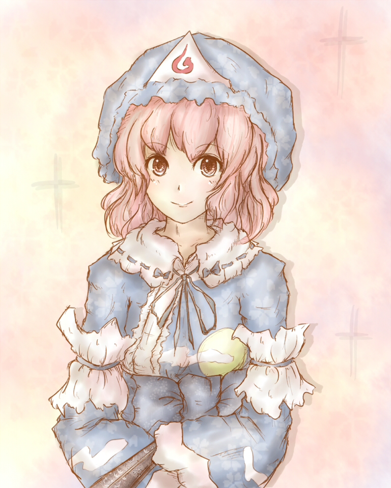 amano jack, saigyouji yuyuko, touhou, bad id, bad pixiv id, 1girl, female focus, hat, pink eyes, pink hair, short hair, solo