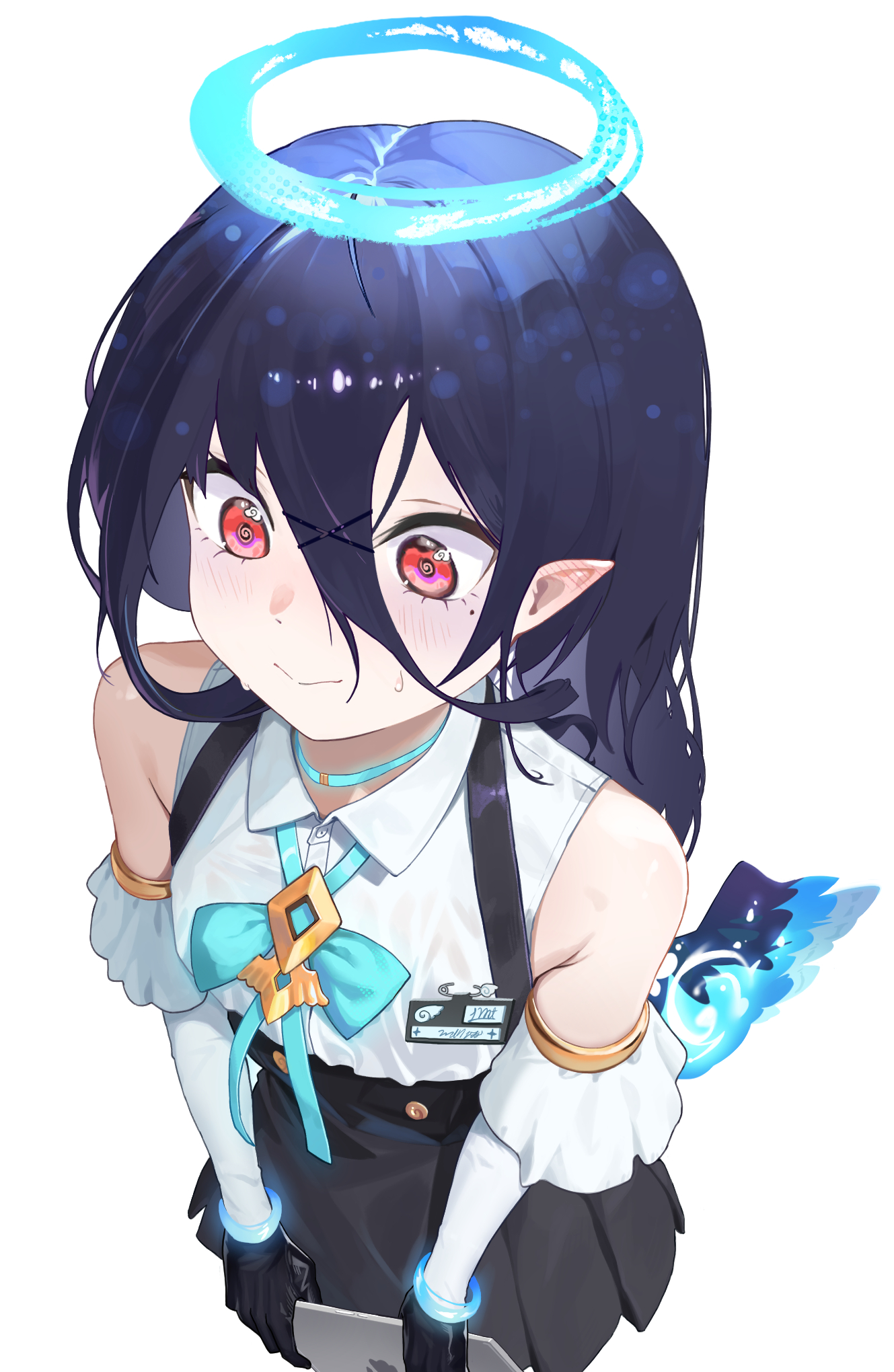 raimti, original, highres, 1girl, @ @, bare shoulders, black gloves, black hair, black skirt, blue bow, blush, bow, closed mouth, collared shirt, detached sleeves, dress shirt, gloves, hair between eyes, hair ornament, hairclip, halo, high-waist skirt, holding, long hair, long sleeves, mole, mole under eye, pleated skirt, pointy ears, red eyes, shirt, simple background, skirt, sleeveless, sleeveless shirt, solo, suspender skirt, suspenders, sweat, white background, white shirt, white sleeves, x hair ornament