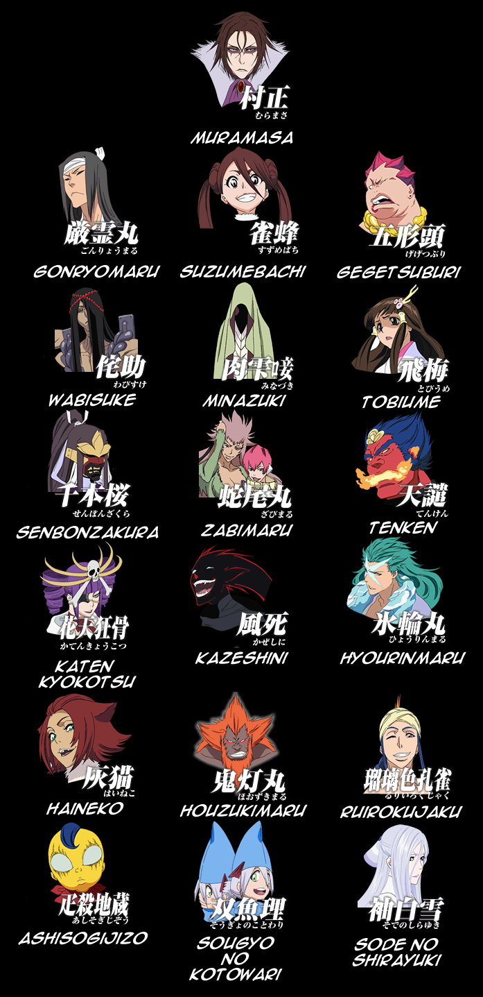 kubo tite, ashisogi jizou, ashisogijizo, gegetsuburi, gonryoumaru, haineko, houzukimaru, hyourinmaru, katen kyoukotsu, kazeshini, minazuki, muramasa, muramasa (bleach), ruirokujaku, ruriiro kujaku, senbonzakura, sode no shirayuki, sougyo no kotowari, suzumebachi, tenken, tobiume, wabisuke, wabisuke (bleach), zabimaru, bleach, bleach: zanpakutou ibun hen, fur, highres, long image, official art, tall image, >:(, 00s, 6+boys, 6+girls, :d, :o, age difference, animal ears, aqua hair, armor, armpits, ascot, bangs pinned back, beard, black background, black hair, black skin, blue eyes, blue hair, blunt bangs, bone, braid, breasts, breath weapon, breathing fire, brooch, brothers, brown hair, cat ears, chain, character name, chart, child, choker, cleavage, cloak, closed eyes, closed mouth, colored skin, dark skin, double bun, drill hair, earrings, everyone, eyeliner, eyepatch, face piercing, facial hair, facial mark, fangs, fire, flipped hair, frown, fur trim, furrowed brow, green eyes, grey hair, grin, hair between eyes, hair bun, hair ornament, hair over one eye, hair ribbon, hair tubes, hairclip, half-closed eyes, half updo, hand on own head, hand up, happy, hat, head tilt, headband, high ponytail, hood, japanese armor, japanese clothes, jewelry, kimono, large breasts, laughing, light smile, lip piercing, lipstick, long hair, looking at viewer, looking back, makeup, mask, menpoo, mohawk, multicolored hair, multiple boys, multiple girls, muscular, neck ring, no pupils, one eye closed, open mouth, orange hair, pale skin, parted lips, piercing, pink hair, pink lips, ponytail, portrait, purple eyes, purple hair, purple lips, red hair, red skin, ribbon, serious, shaded face, short hair, short ponytail, siblings, sidelocks, simple background, single braid, single hair bun, skull, skull and crossbones, skull hair ornament, smile, spiked hair, stud earrings, surprised, teeth, thick eyebrows, toned, topless male, turban, turtleneck, twin drills, twins, twintails, two-tone hair, v-shaped eyebrows, white eyes, white hair, yellow eyes, yellow skin