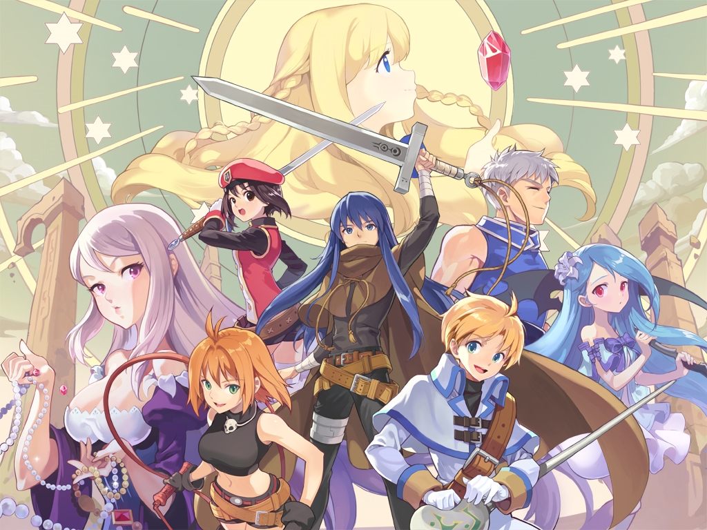 benya (tales weaver), boris jinneman, isaac ducastel, ispin charles, lucian kaltz, mila nebraska, nexon, tales weaver, white lily, artist request, official art, second-party source, 3boys, 5girls, ahoge, antenna hair, arm wrap, asymmetrical bangs, badge, bare arms, bare shoulders, belt, belt buckle, belted shorts, beret, black belt, black eyes, black gloves, black hair, black leotard, black pants, black shirt, black shorts, black sleeves, blonde hair, blue eyes, blue jacket, blue shirt, blue sleeves, blue trim, bow, braid, breasts, brown belt, brown cape, brown hair, buckle, cape, capelet, capelet belt, cleavage, closed mouth, coat, crop top, cropped shirt, cross-laced capelet, cross-laced clothes, crossed belts, dress, floating gem, flower, gem, gloves, gold buttons, green eyes, grey eyes, grey hair, hair between eyes, hair intakes, hat, hexagram, holding, holding above head, holding jewelry, holding necklace, holding scythe, holding sword, holding weapon, holding whip, jacket, jewelry, juliet sleeves, large breasts, left-handed, legs apart, leotard, lily (flower), lips, long hair, long sidelocks, long sleeves, long sword, looking at viewer, looking to the side, low-braided long hair, low-tied long hair, medium breasts, medium dress, medium hair, midriff, military jacket, multiple belts, multiple boys, multiple girls, muscular, muscular male, narrow waist, navel, necklace, open mouth, orange hair, pants, parted lips, pearl necklace, pillar, profile, puffy sleeves, purple bow, purple eyes, purple sleeves, red eyes, red gemstone, red hat, red jacket, roamini, saber (weapon), scythe, shirt, shirt bow, short hair, shorts, shoulder belt, sidelocks, skinny, sleeve bow, sleeve cuffs, sleeveless, sleeveless jacket, sleeveless shirt, smile, standing, straight hair, strapless, strapless dress, strapless leotard, strapless shirt, sword, sword knot, tassel, teeth, thighhighs, three-quarter sleeves, tongue, turtleneck, turtleneck capelet, turtleneck shirt, twin braids, underbust, undershirt, upper teeth only, weapon, white capelet, white coat, white dress, white flower, white gloves, white hair, white sleeves, white thighhighs, wide sleeves, wing collar