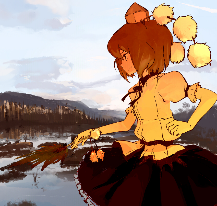 tcmk, shameimaru aya, touhou, looking away, 1girl, female focus, hat, landscape, mountain, profile, short hair, smirk, solo, tokin hat, tree, water