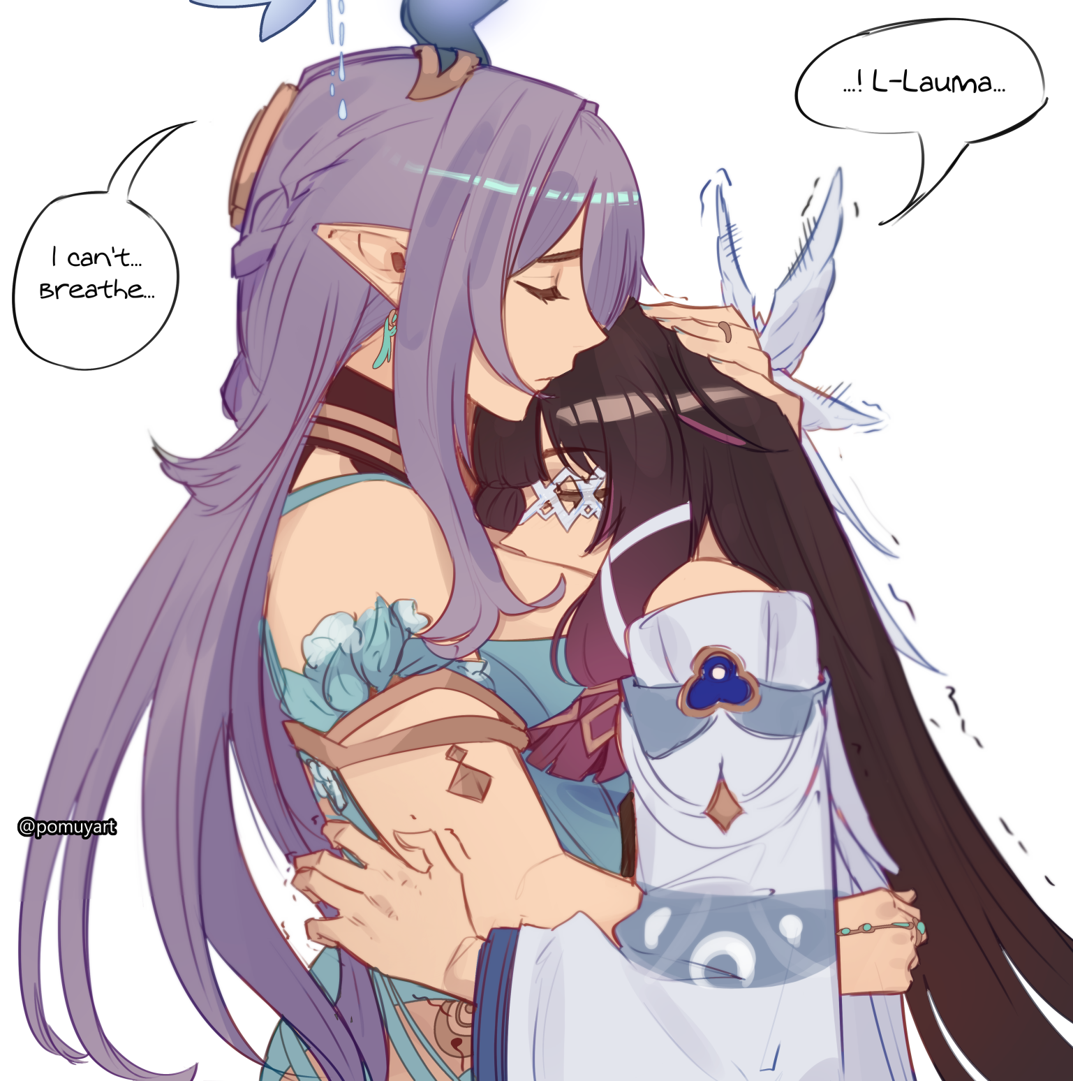 pomuya, columbina (genshin impact), lauma (genshin impact), genshin impact, commentary, english commentary, highres, 2girls, antlers, bare shoulders, between breasts, blue dress, breast smother, breasts, closed eyes, dress, earrings, english text, face between breasts, face to breasts, hand on another's head, head between breasts, headpat, height difference, horns, hug, jewelry, long hair, multiple girls, purple hair, scene reference, simple background, smother, smug, speech bubble, very long hair, yuri