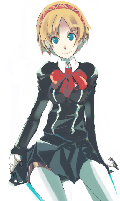 moto kichi, aigis (persona), atlus, persona, persona 3, android, blonde hair, bow, hairband, school uniform, short hair, solo