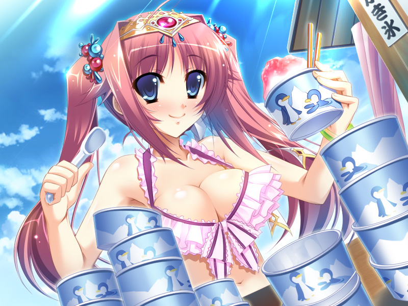 estreia vit, zettai maou, game cg, 1girl, bikini, bikini top only, blue eyes, blush, breasts, cleavage, female focus, food, red hair, shaved ice, solo, swimsuit, twintails