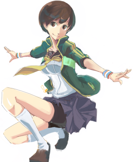 moto kichi, satonaka chie, atlus, persona, persona 4, bike shorts, brown hair, kneehighs, school uniform, short hair, simple background, skirt, socks