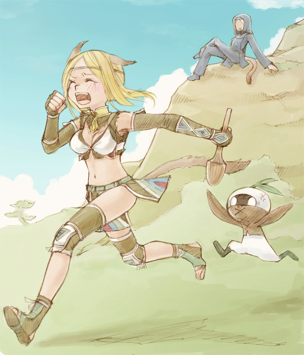 takatsuki kahiro, mandragora (final fantasy), mithra (ff11), final fantasy, final fantasy xi, 00s, 2girls, angry, animal ears, blonde hair, breasts, cat ears, cat tail, chasing, cleavage, closed eyes, crossed legs, elbow gloves, gloves, hood, knee pads, mandragora, multiple girls, nature, open mouth, running, scared, shoes, short hair, sitting, tail