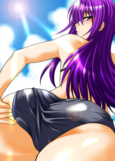 taihei tengoku, malariya, quiz magic academy, 1girl, adjusting clothes, adjusting swimsuit, ass, bikini, cloud, day, from behind, from below, lens flare, long hair, looking down, purple eyes, purple hair, sun, swimsuit