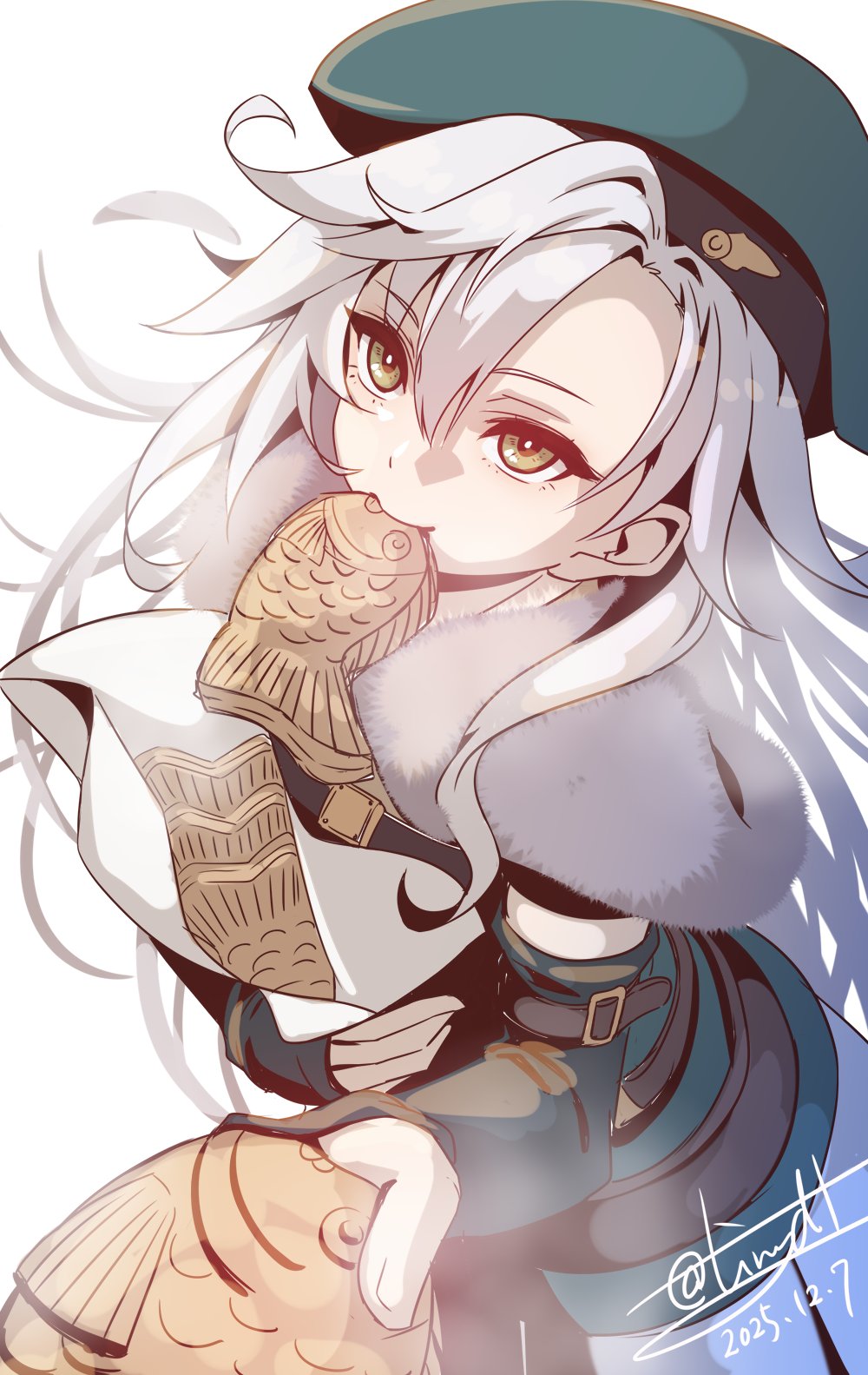 tinybiard, fie claussell, eiyuu densetsu, kai no kiseki, kuro no kiseki (series), highres, 1girl, bag, beret, curtained hair, dated, eating, floating hair, food, food in mouth, green eyes, green hat, hair between eyes, hat, holding, holding bag, holding food, long hair, looking at viewer, paper bag, parted bangs, simple background, solo, taiyaki, twitter username, upper body, wagashi, white background, white hair