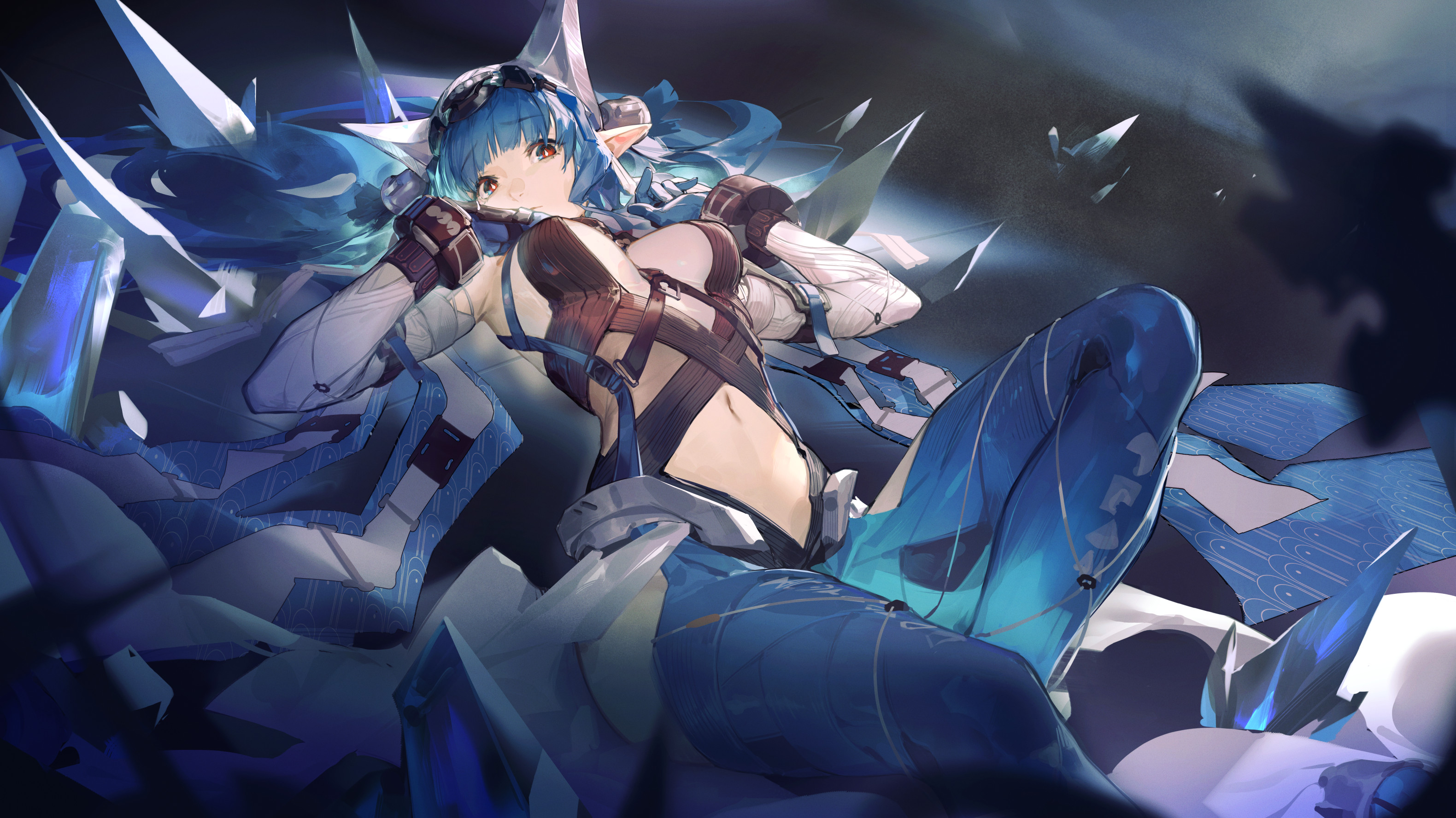 kuno (runkunochan), last rite (arknights), arknights, arknights: endfield, bad link, commentary, english commentary, highres, 1girl, bare shoulders, bell, blue gloves, blue hair, breasts, closed mouth, detached sleeves, feet out of frame, gloves, hair bell, hair ornament, leotard, long hair, long sleeves, looking at viewer, lying, medium breasts, navel, on back, orange eyes, pointy ears, solo