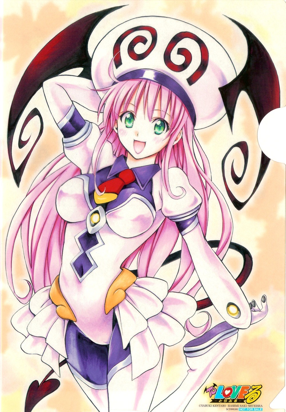 yabuki kentarou, lala satalin deviluke, peke (to love-ru), to love-ru, highres, 00s, 1girl, bat wings, bodysuit, female focus, green eyes, hat, leotard, open mouth, pink hair, solo, tail, wings