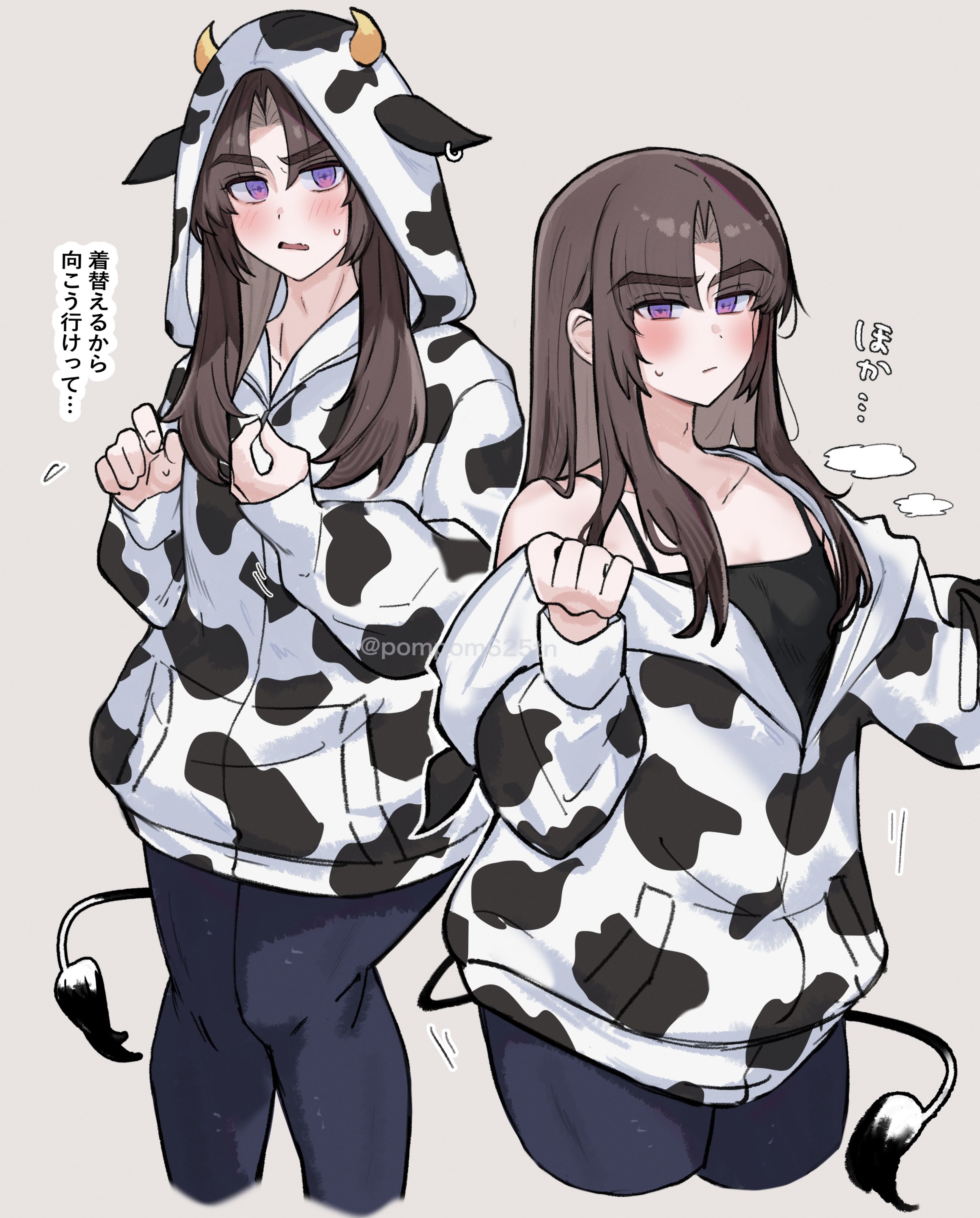 imamiya pinoko, ayase ayato (imamiya pinoko), original, absurdres, commentary request, highres, translation request, 1boy, animal print, black pants, brown hair, closed mouth, collarbone, cow print, cow tail, fake tail, grey background, hood, hood up, hooded jacket, jacket, long hair, looking at viewer, male focus, pants, parted lips, partially unzipped, purple eyes, simple background, solo, sweatdrop, tail, trap, twitter username