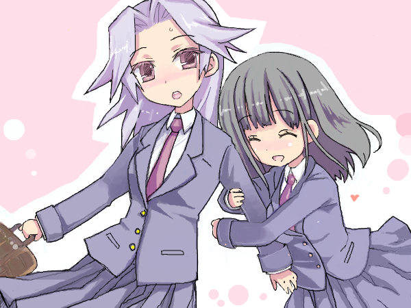 kajiki yumi, touyoko momoko, saki (manga), bad drawr id, bad id, 00s, arm hug, blush, school uniform