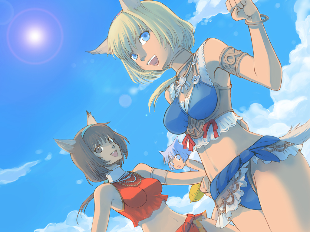 takatsuki kahiro, mithra (ff11), final fantasy, final fantasy xi, 00s, 3girls, :d, animal ears, armband, bikini, blonde hair, blue eyes, bracelet, breasts, brown eyes, brown hair, cat ears, cat tail, choker, cleavage, cloud, day, empty eyes, frills, innertube, jewelry, large breasts, lens flare, midriff, multiple girls, navel, necklace, open mouth, purple eyes, purple hair, sky, smile, sun, swim ring, swimsuit, tail, tankini