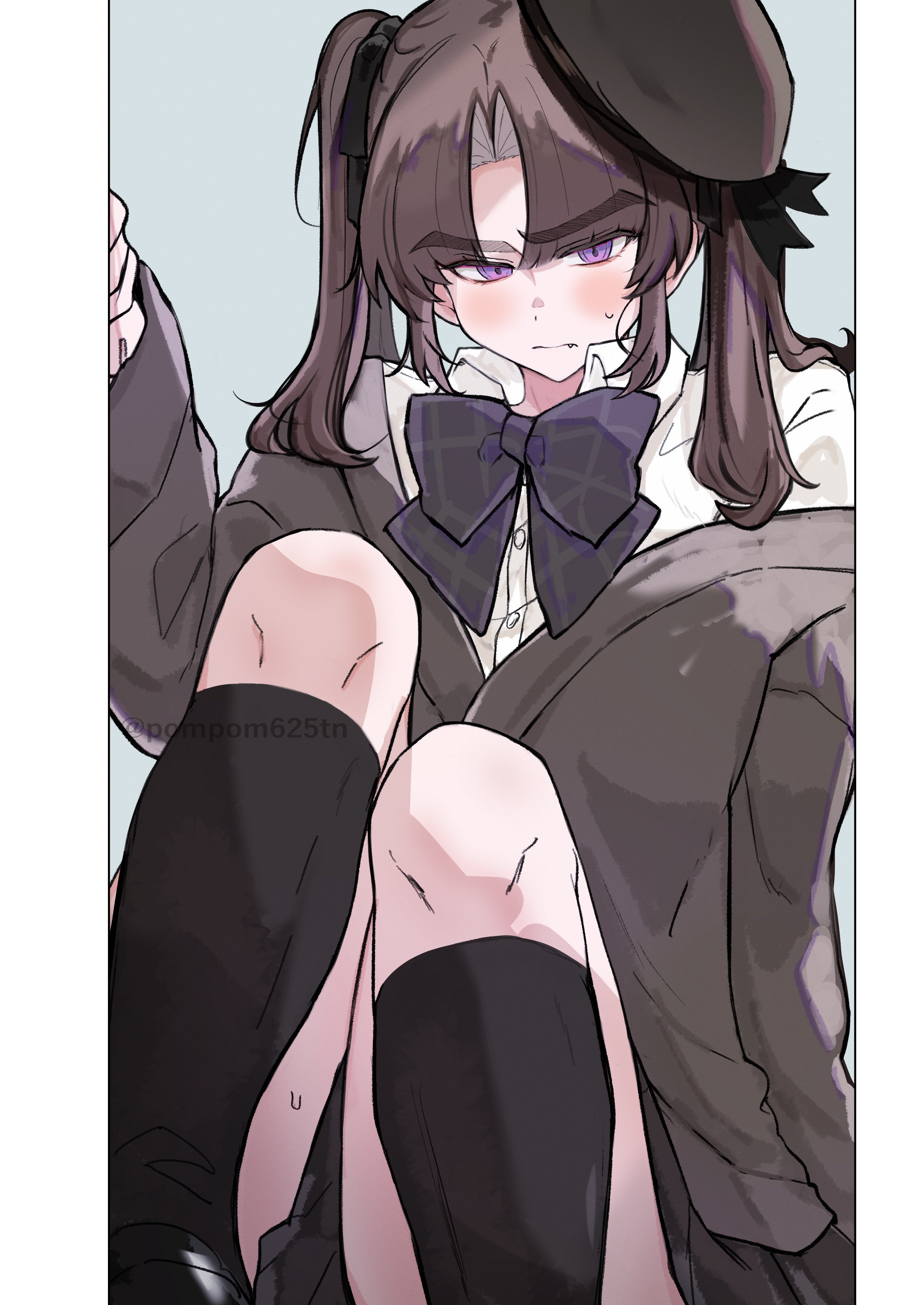 imamiya pinoko, ayase ayato (imamiya pinoko), original, absurdres, commentary request, highres, translation request, 1boy, black bow, black bowtie, black hat, black skirt, black socks, bow, bowtie, brown cardigan, brown hair, cardigan, closed mouth, crossdressing, crossdressing (mtf), hat, kneehighs, long sleeves, looking at viewer, male focus, medium hair, pillarboxed, pleated skirt, purple eyes, school uniform, short twintails, skirt, socks, solo, sweatdrop, trap, twintails