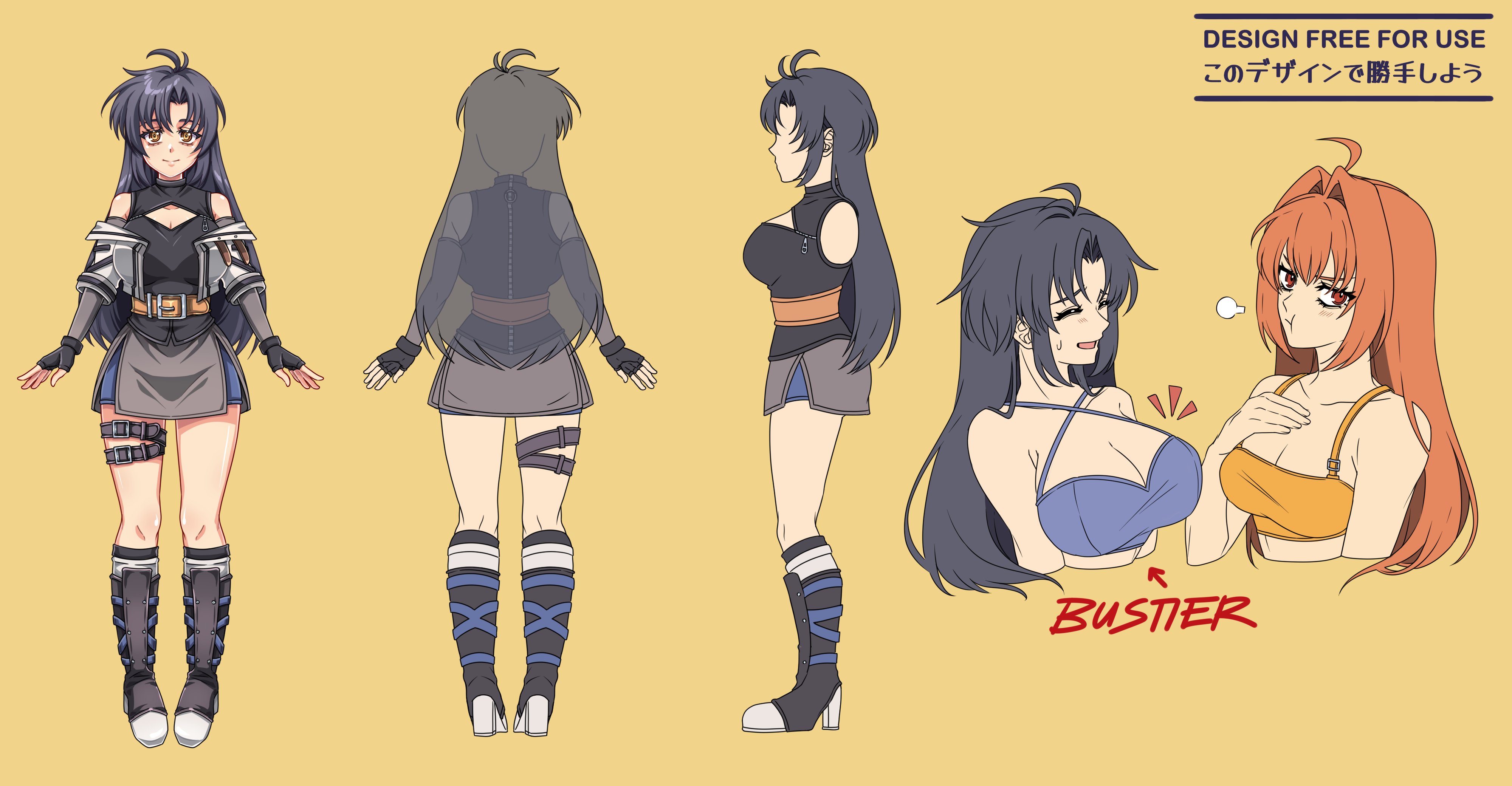 yuzukiyo, estelle bright, joshua bright, eiyuu densetsu, sora no kiseki, absurdres, commentary, commission, english commentary, highres, 2girls, ahoge, antenna hair, bare shoulders, bike shorts, black gloves, black hair, boots, breast envy, breasts, brown hair, cleavage, closed eyes, closed mouth, crop top, detached sleeves, double-parted bangs, english text, fingerless gloves, genderswap, genderswap (mtf), gloves, hair between eyes, hair intakes, high heel boots, high heels, large breasts, long hair, medium breasts, multiple girls, off shoulder, open mouth, parted bangs, pout, red eyes, reference sheet, shorts, smile, sweatdrop, yellow eyes